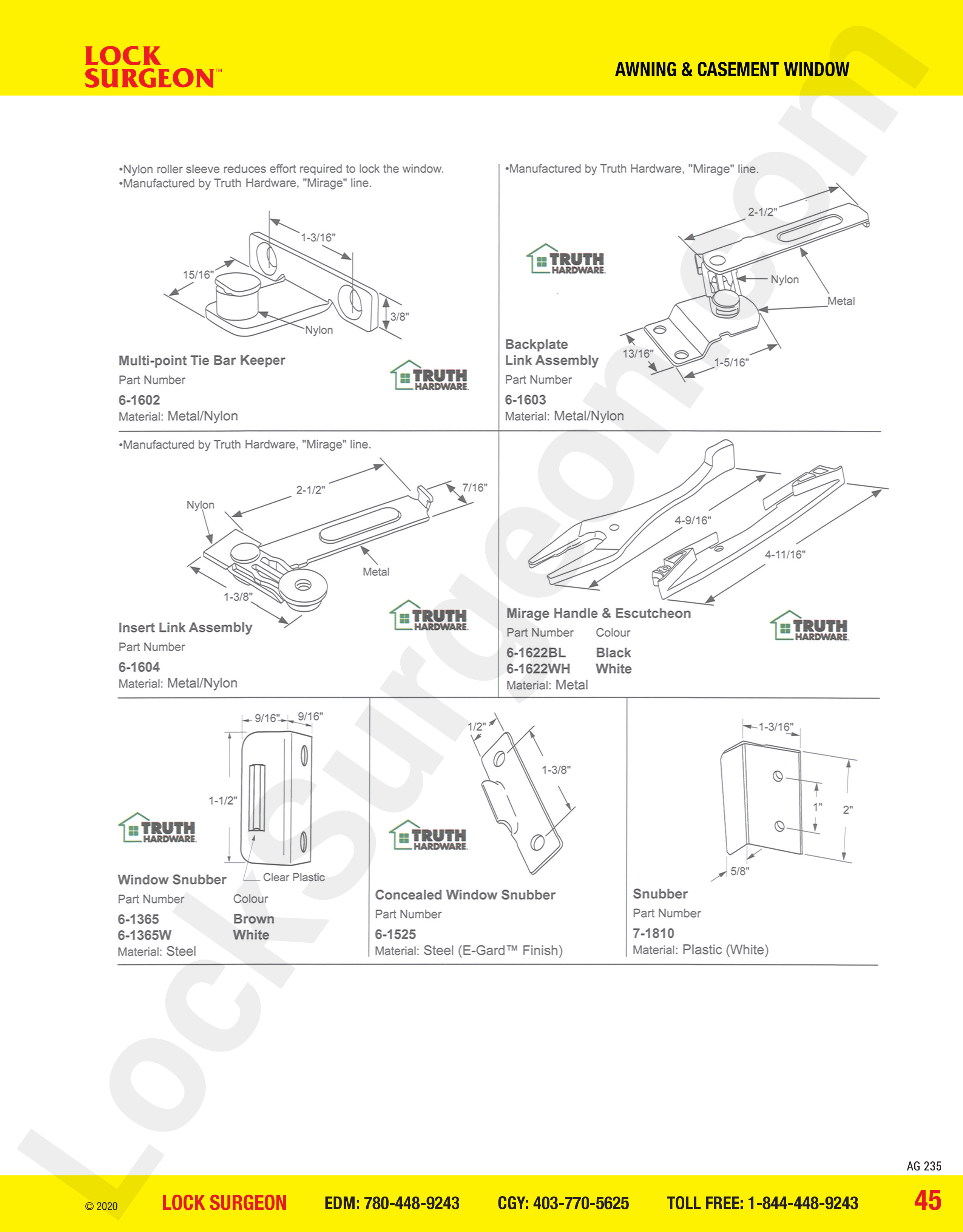 Acheson mobile awning and casement window parts for snubbers