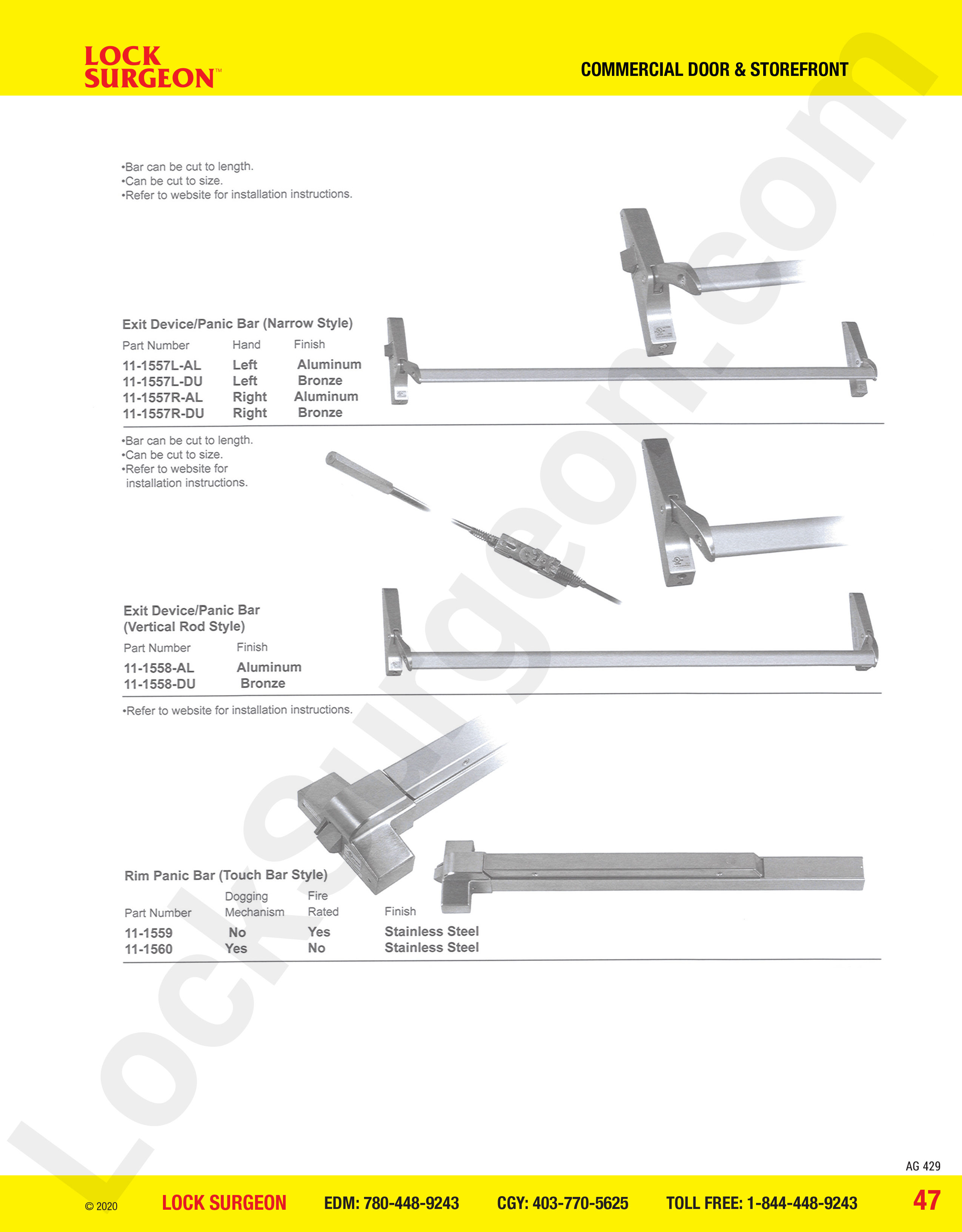 Commercial Door and Storefront parts for panic bars Acheson