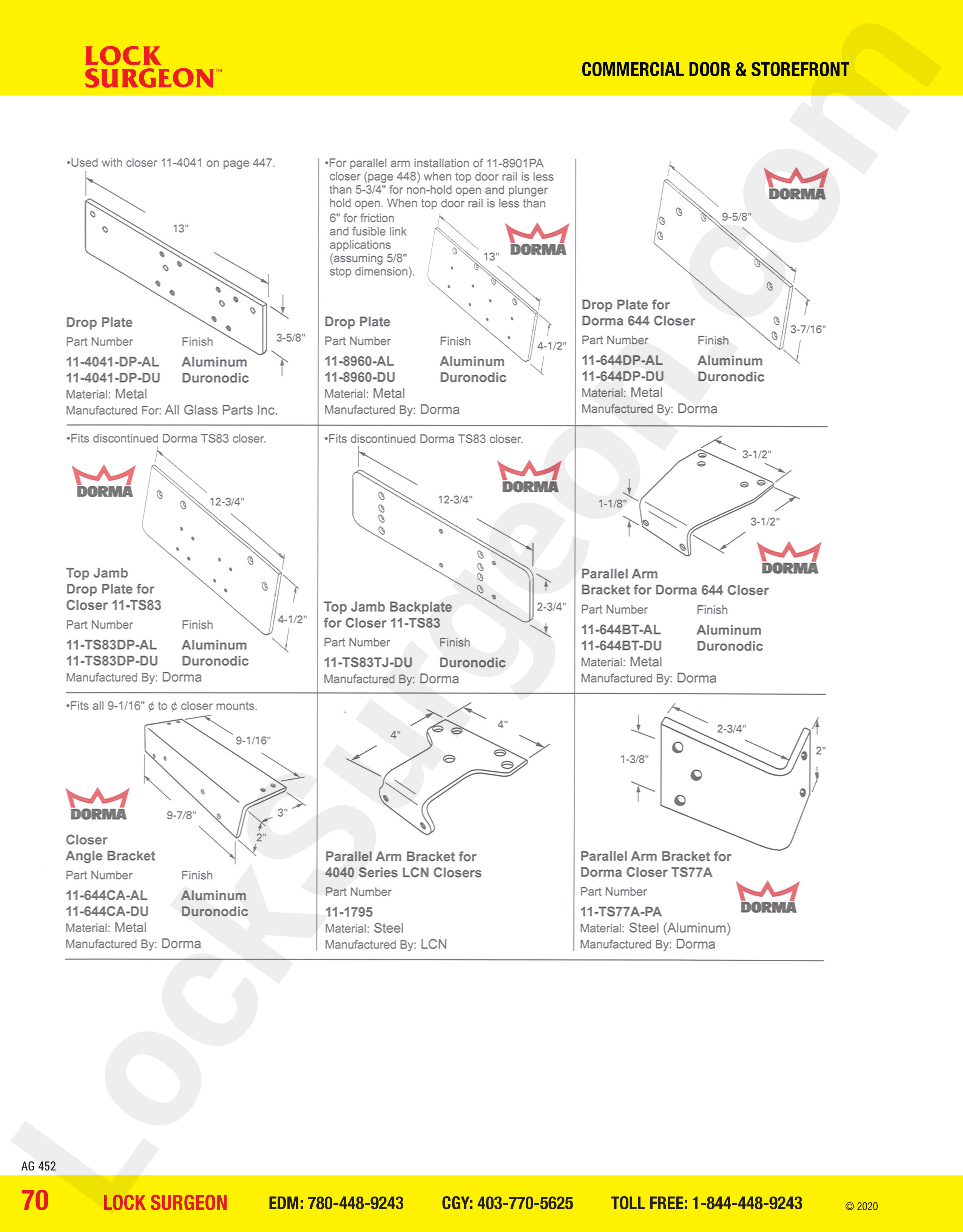 Commercial Door and Storefront parts for drop plates Acheson