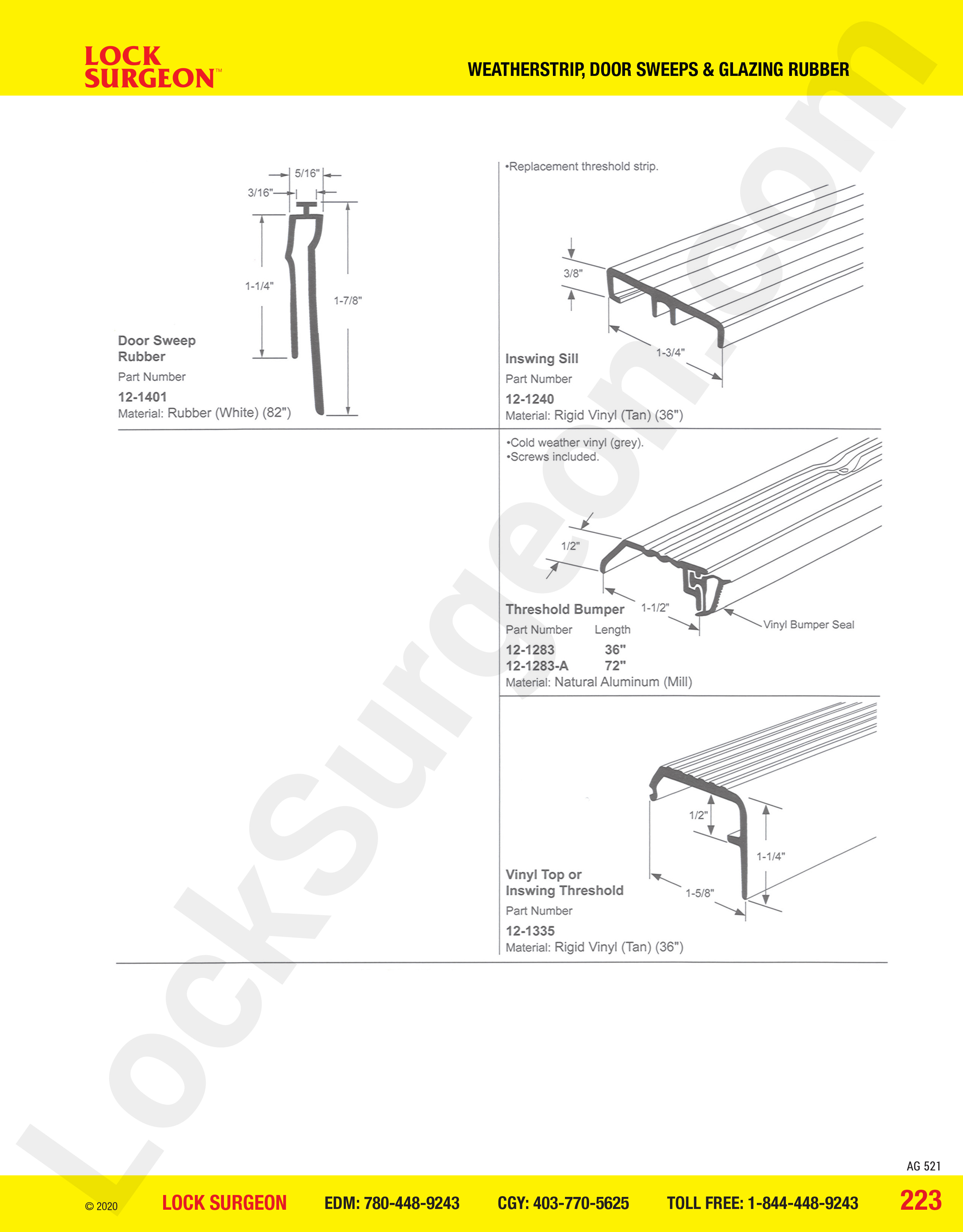 Acheson weatherstrip door sweeps and glazing rubber sill, bumper, threshold parts