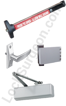 Acheson panic bar with push to open written on it lever handle & silver paddle handle & door closer.