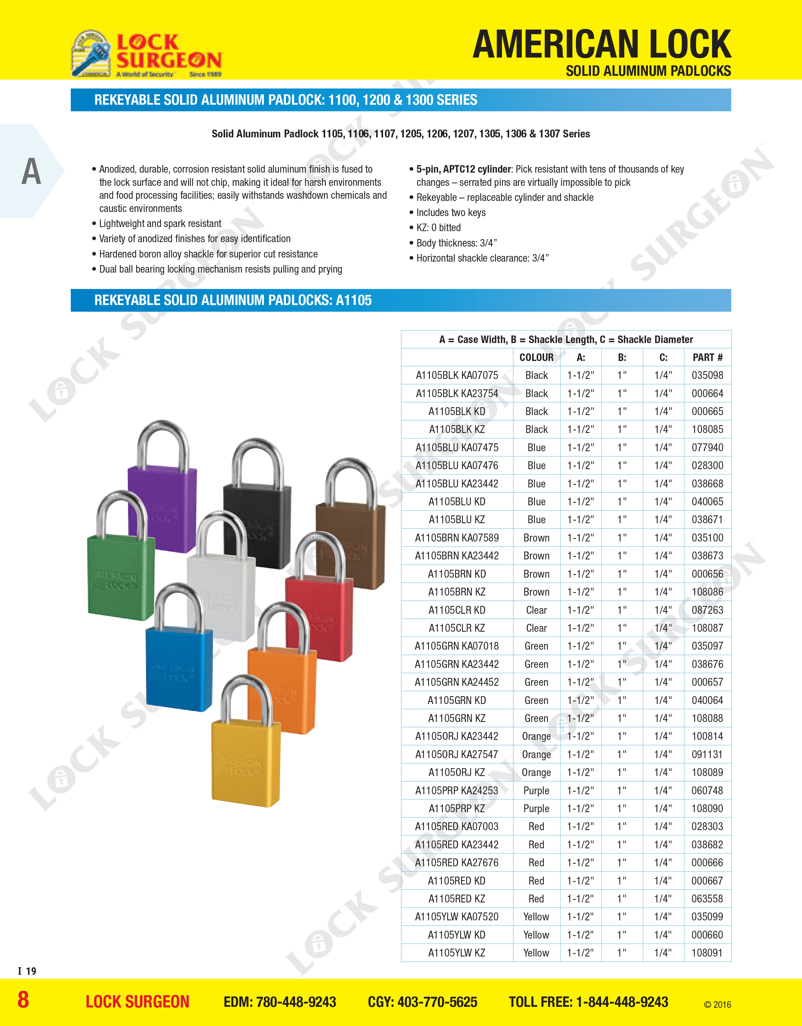 American Lock Rekeyable solid aluminium padlocks - 1100, 1200, 1300 and A1105 series Acheson.