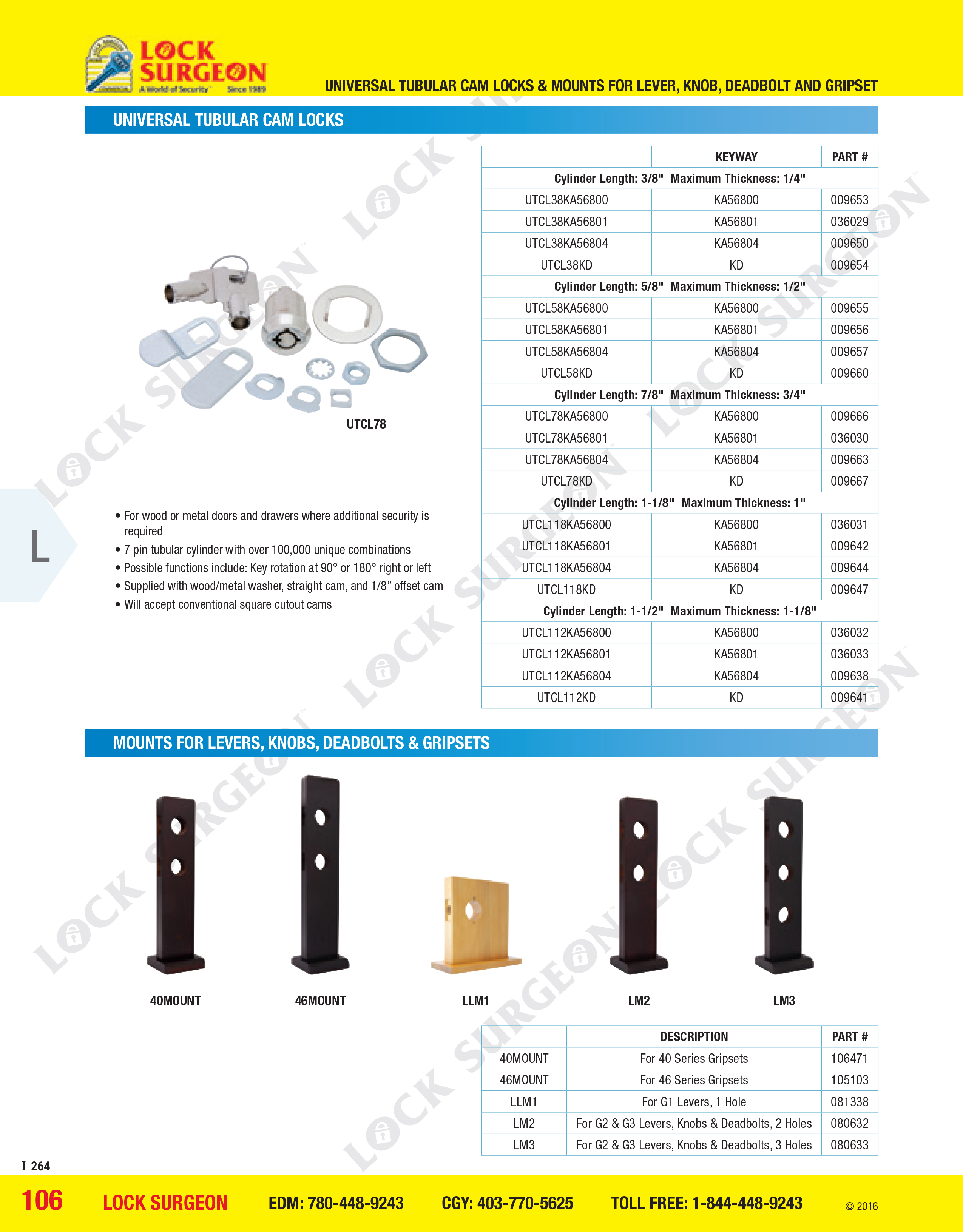 Acheson Universal tubular cam locks, mounts for levers, knobs, deadbolts and gripsets.