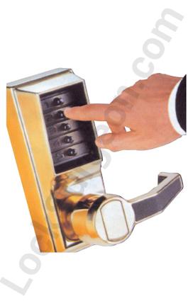 Acheson finger pushing buttons on a manual pushbutton entry handle