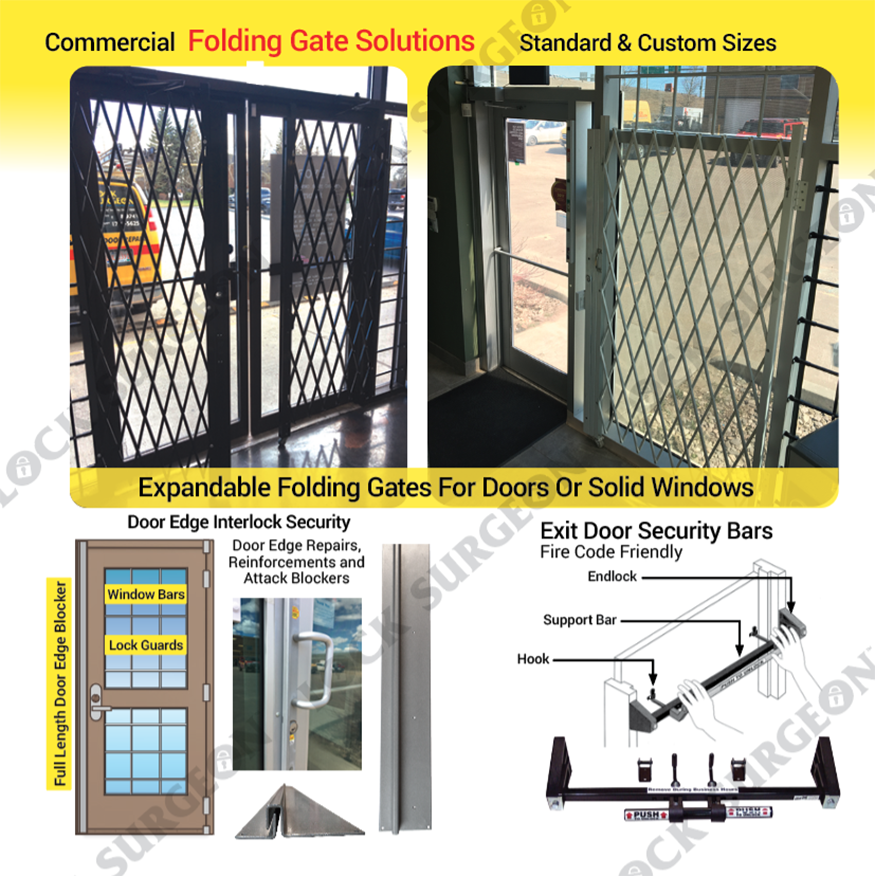 Commercial folding gate window security bars Airdrie.
