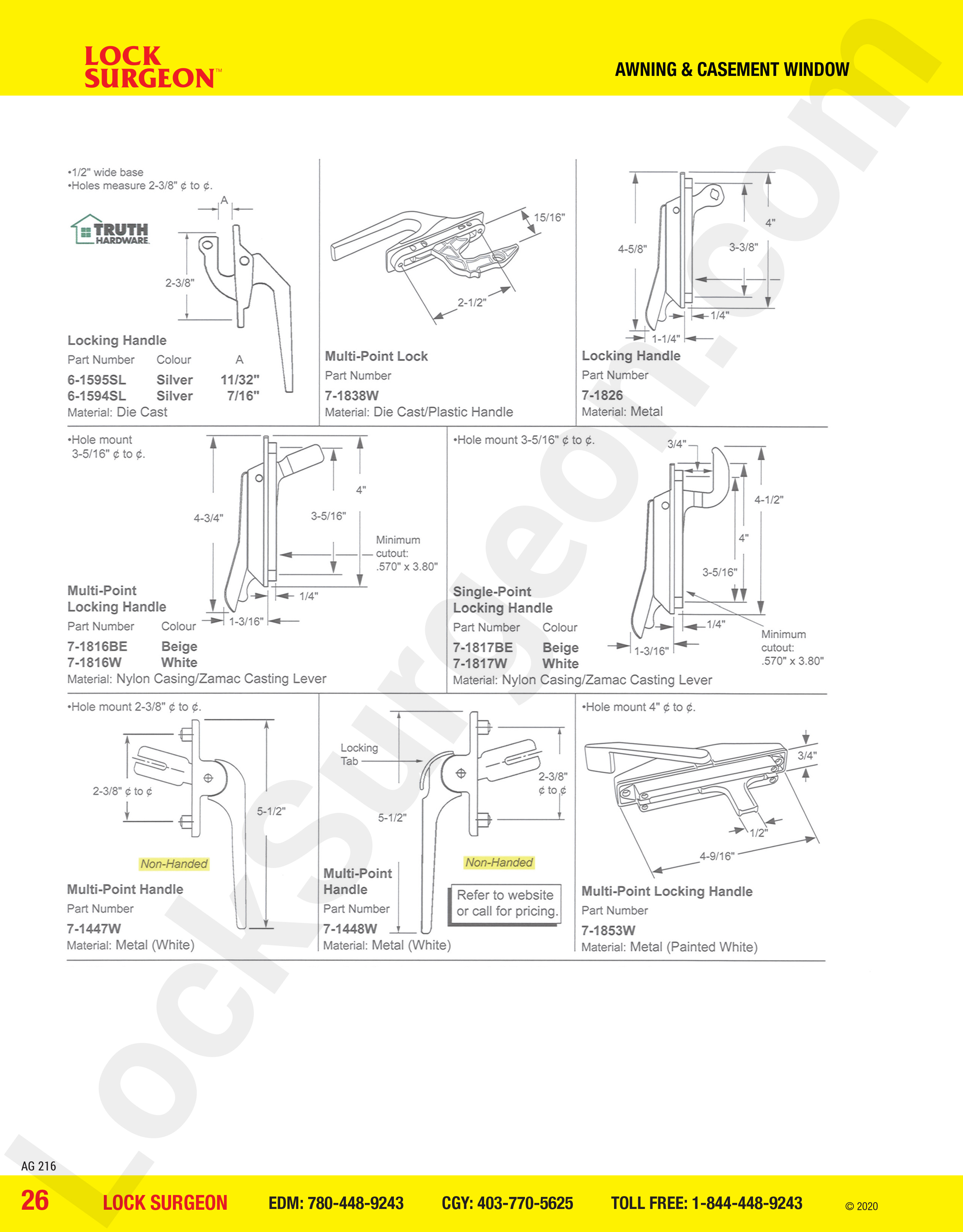 awning and casement window parts for locking handles, multi-point lock, single-point locking handle.