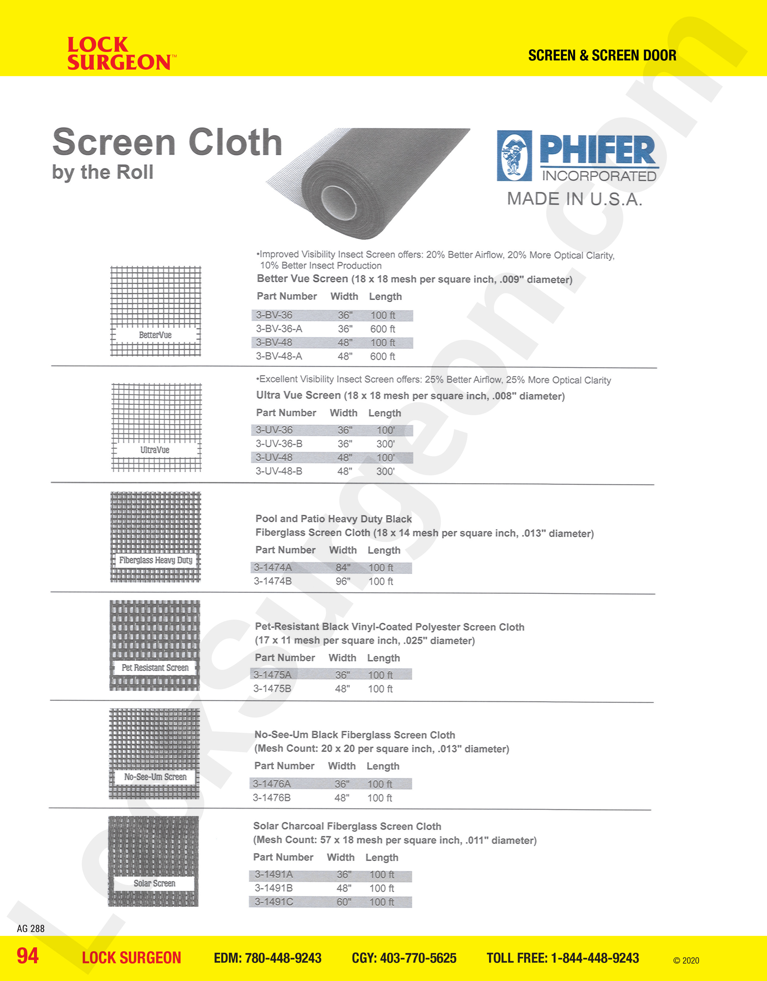 phifer screen cloth polyester or figerglass rolls supplied at Lock Surgeon Edmonton South.