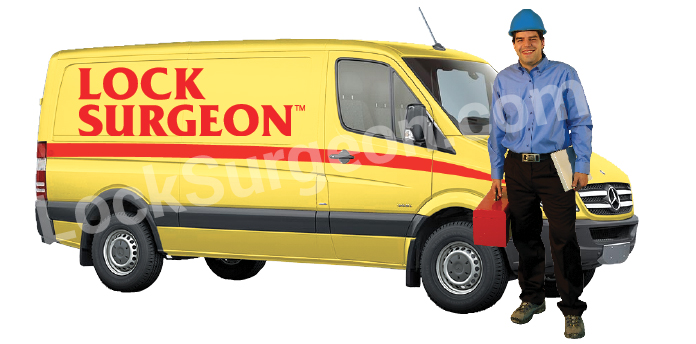 Lock Surgeon Edmonton South home handle deadbolt repair servicemen locksmith with service van.
