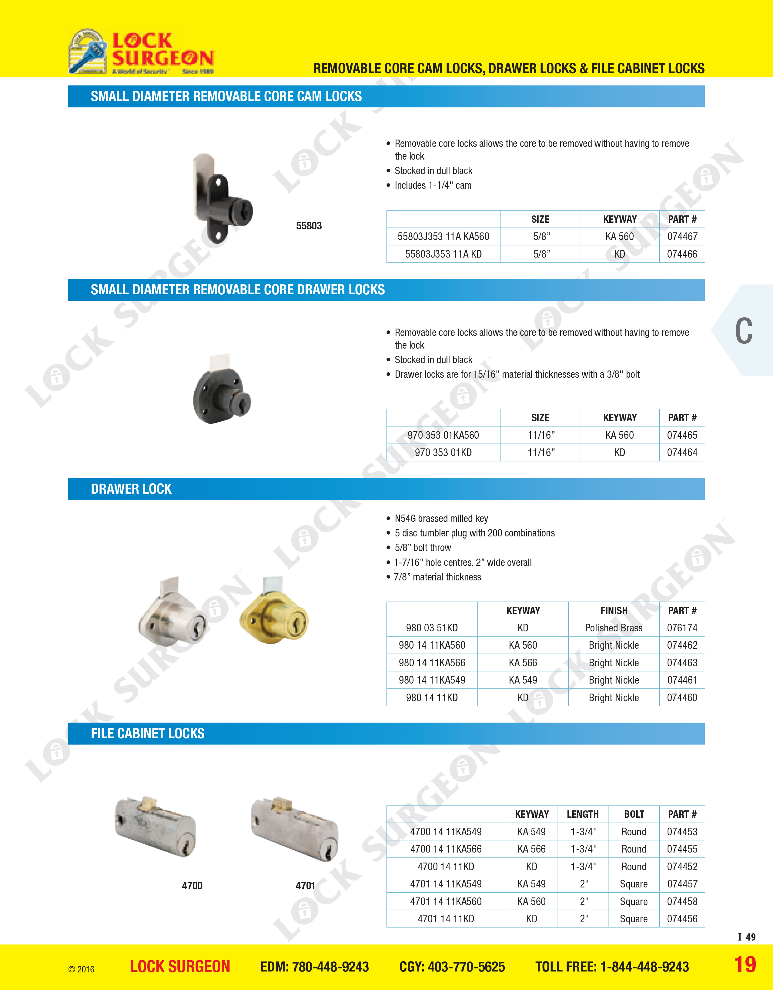 Small diameter removable core cam locks & core drawer locks, drawer lock & file cabinet locks.