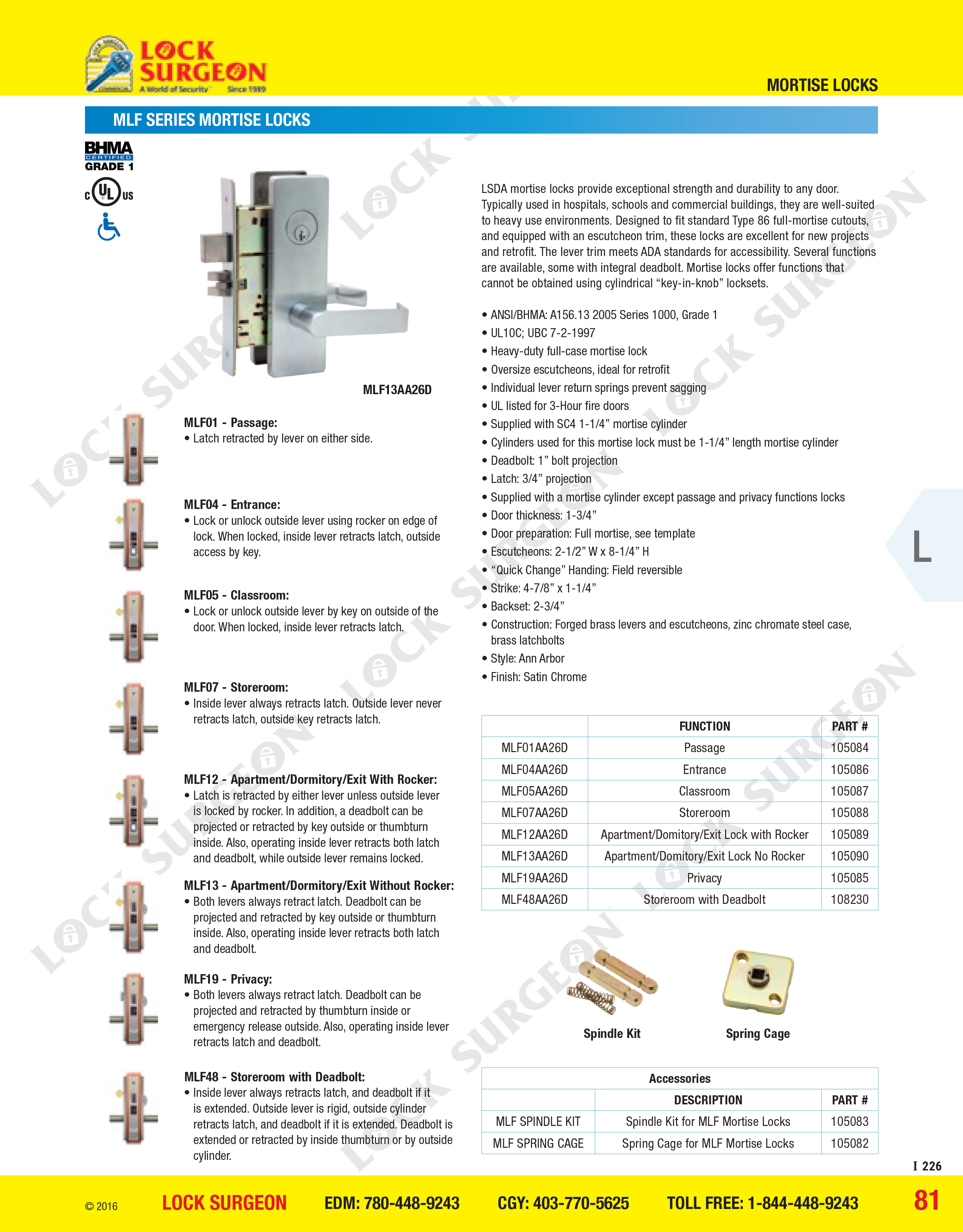 MLF series mortise locks Ft Saskatchewan