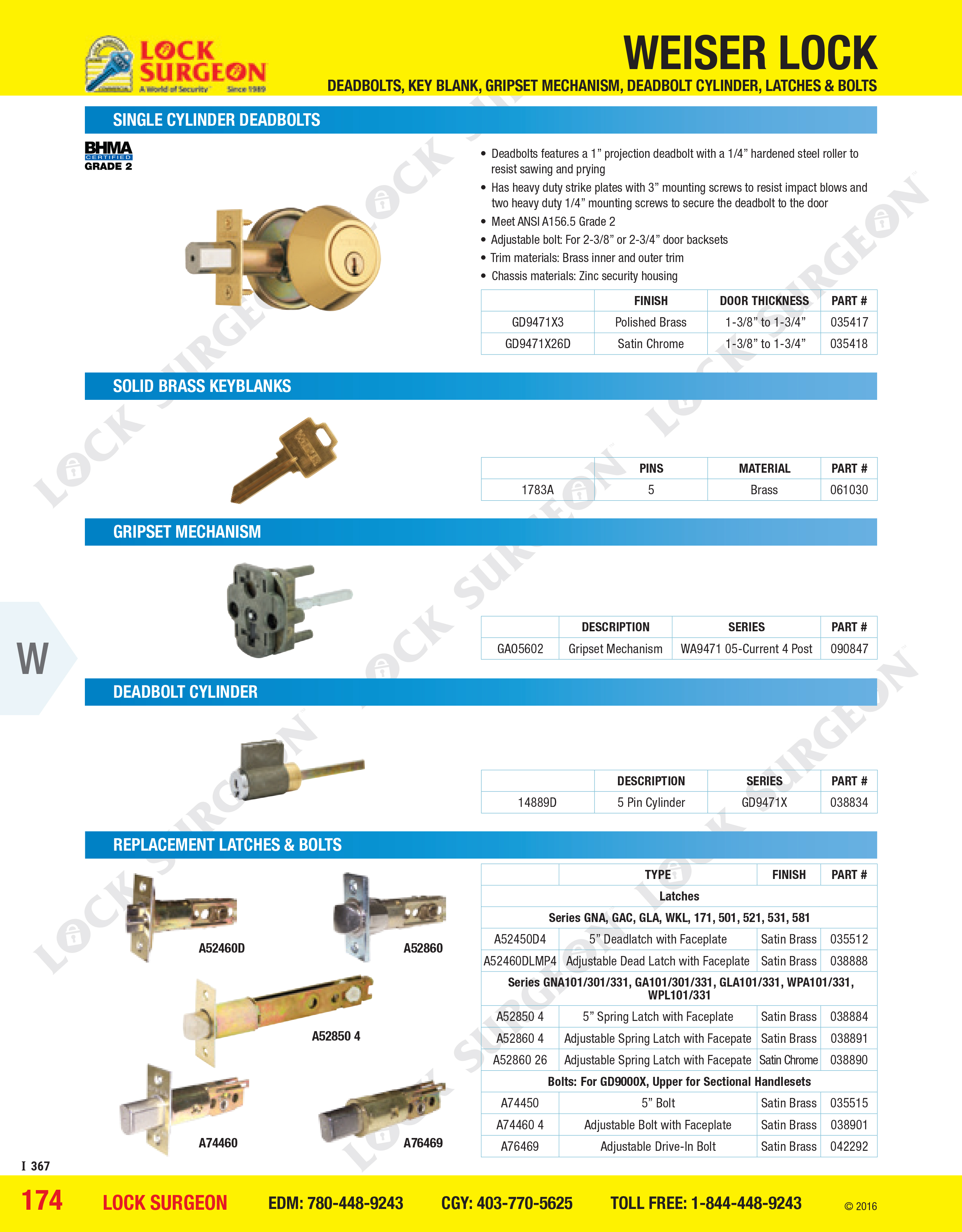 Lock Surgeon Weiser deadbolt replacement latches and grip-set mechanisms.