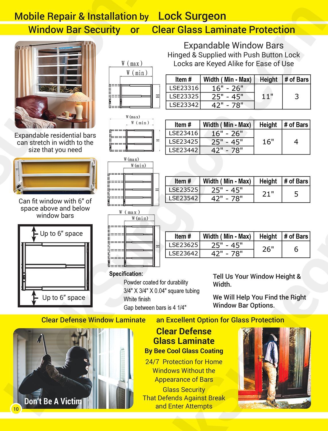 Acheson Expandable window bars for home or business window protection in custom or fixed sizes.