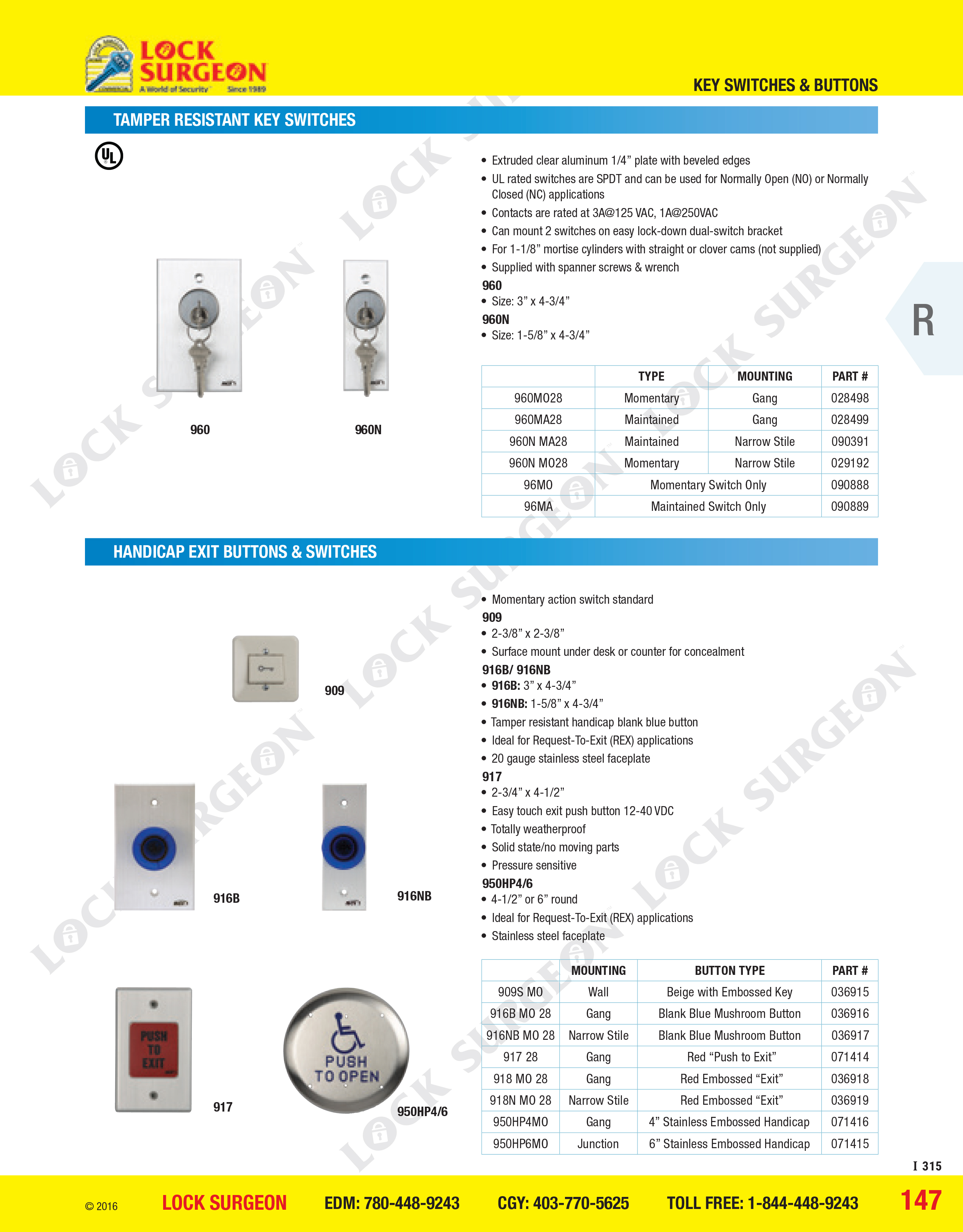 Acheson Tamper Resistant key switches, handicap exit buttons and switches