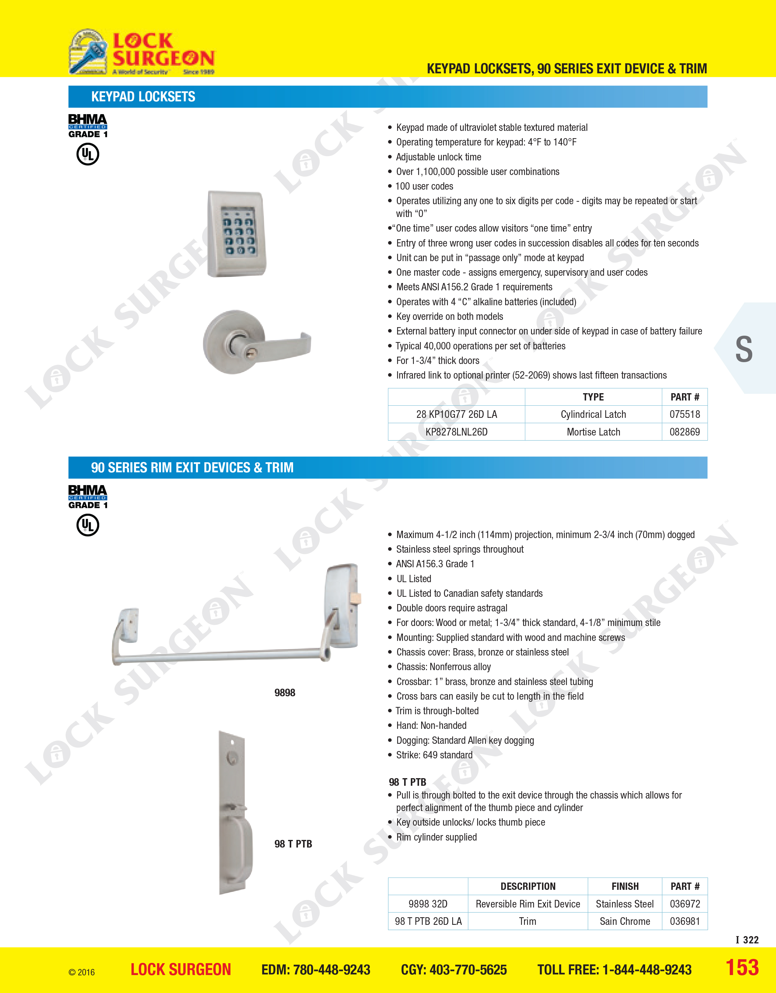 Acheson Sargent keypad locks and 90-series rim-exit device and trims.