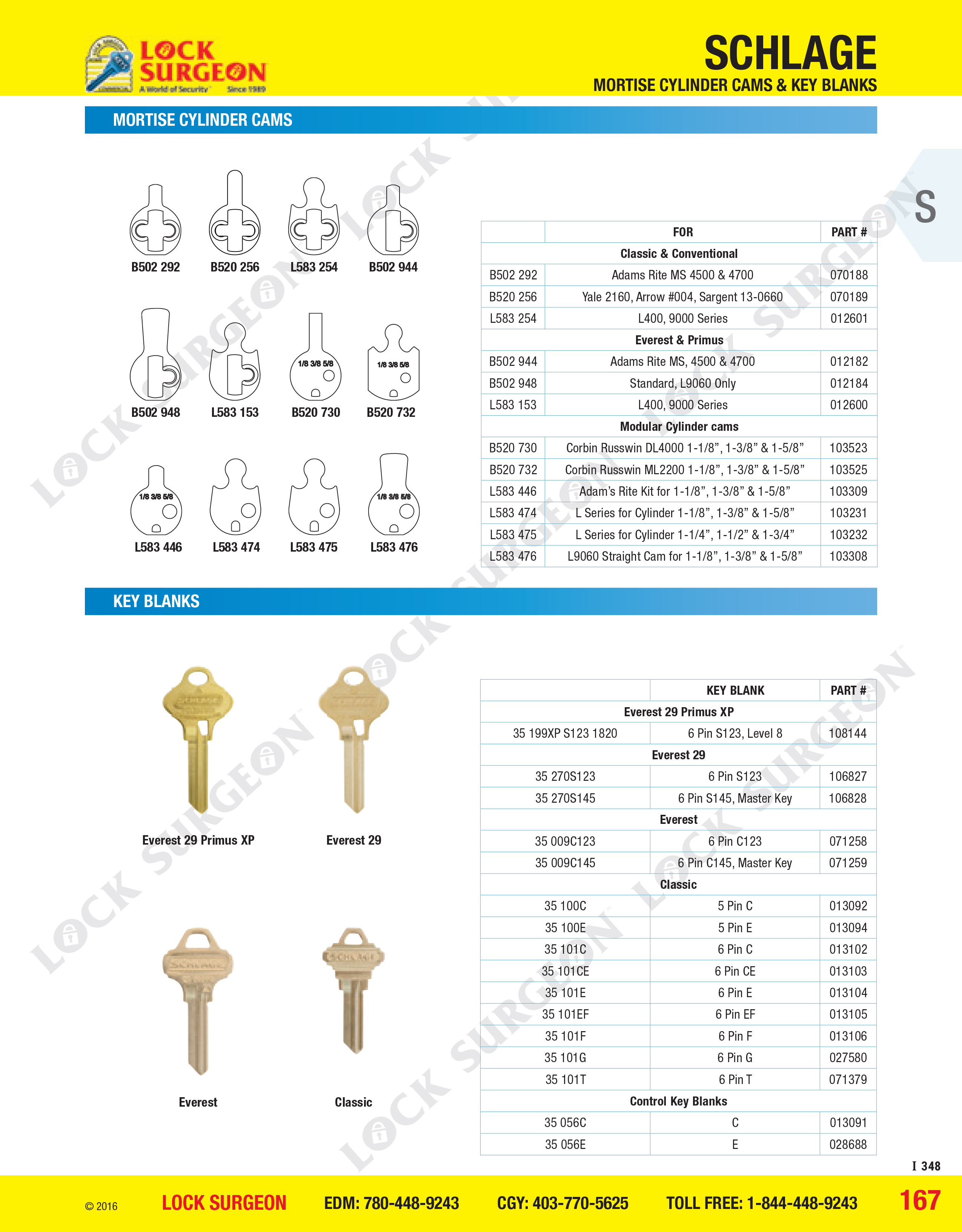 Acheson Schlage mortise cylinder cams and key blanks.