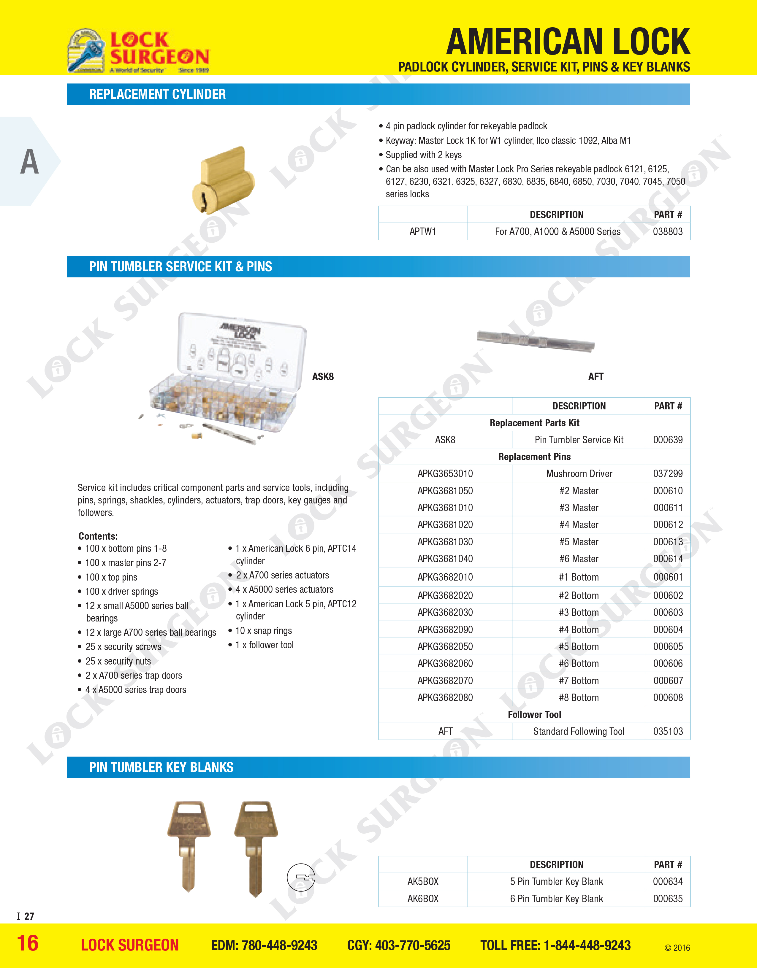 American Lock cylinders, service kits, pins & key blanks.