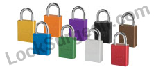 Multiple American Lock padlocks of different colours.