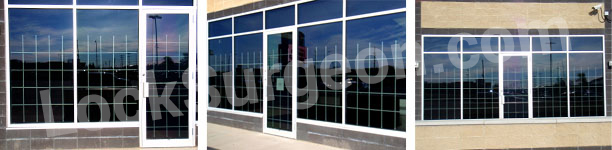 Commercial storefront window bars in standard stock sizes and custom made sizes.