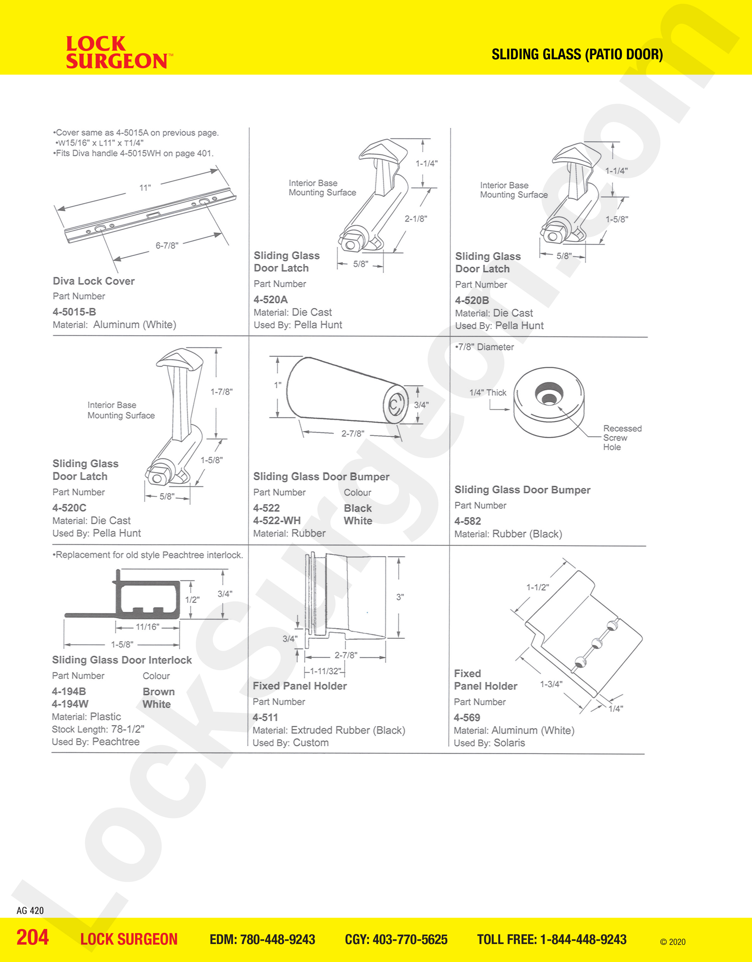 Sliding Glass and Patio Door latches, bumpers, interlocks and holders
