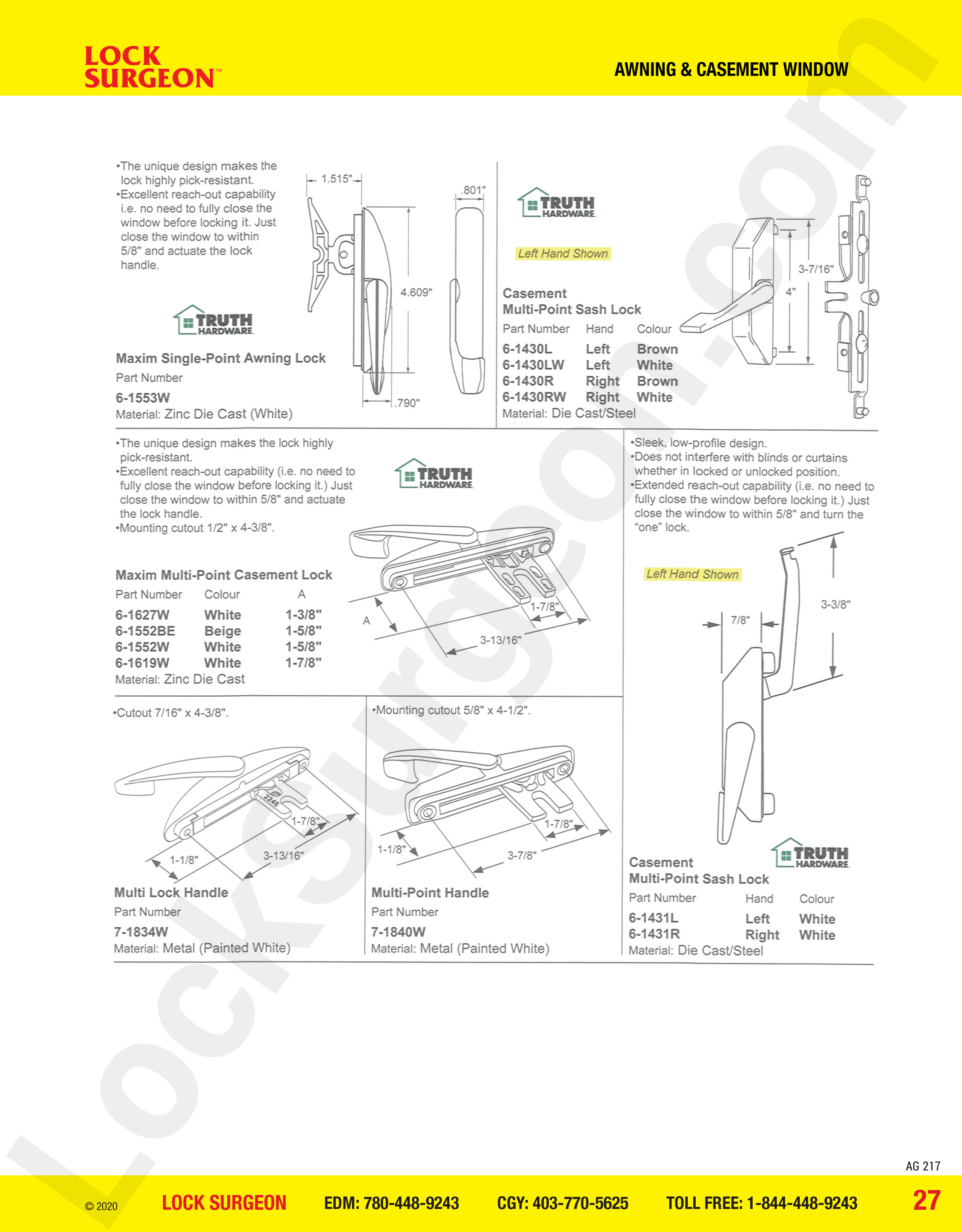Calgary awning and casement window parts for locks.