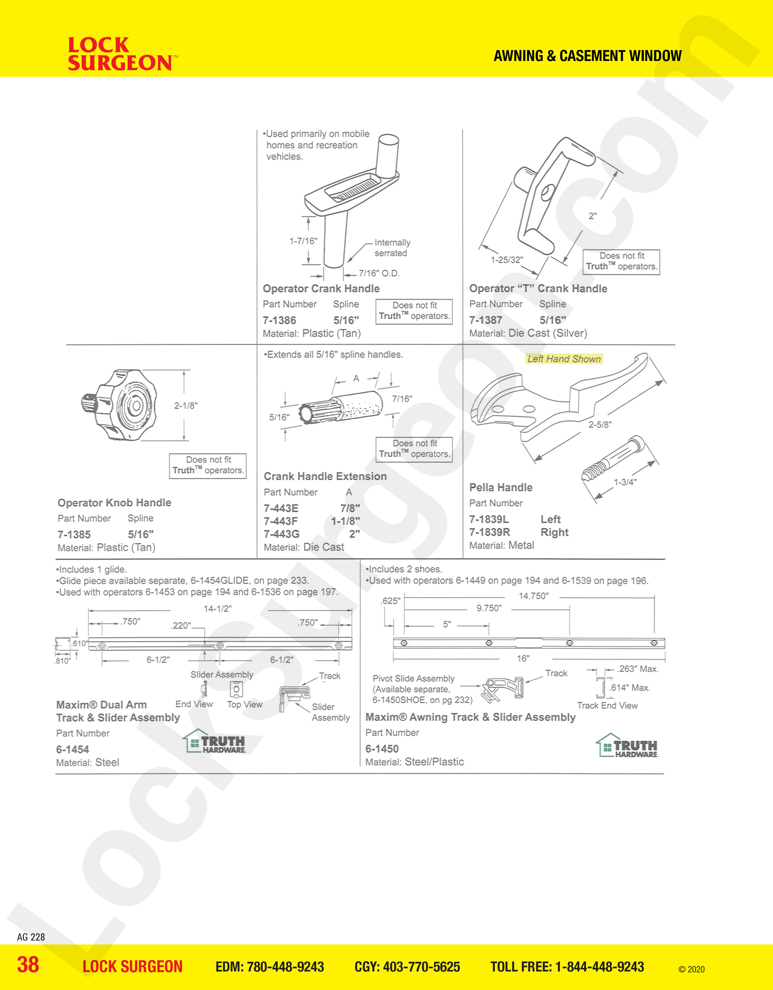 awning and casement window parts for truth hardware, maxim and pella.