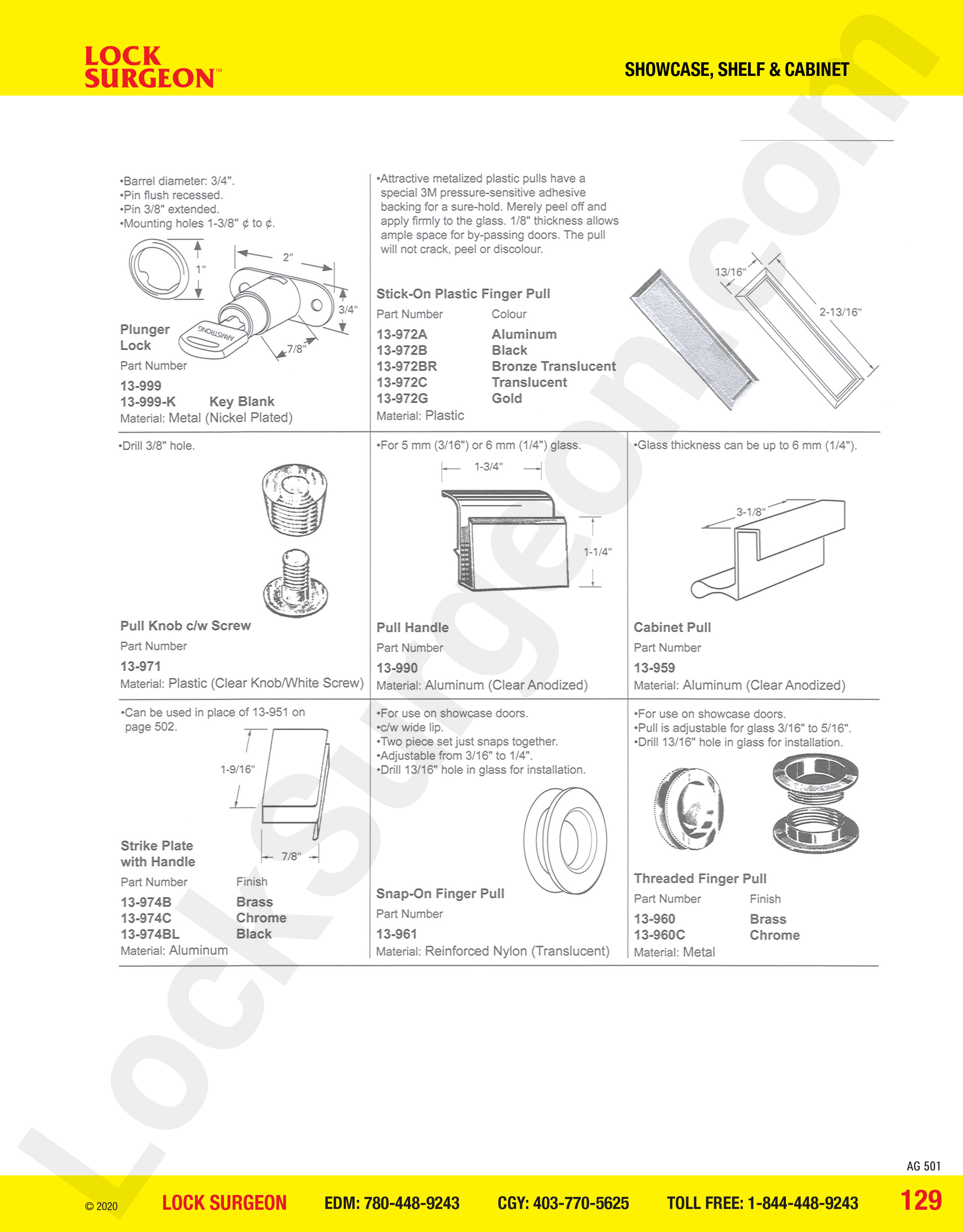 Showcase shelves and cabinet parts for plunger locks, finger pulls, strike plates