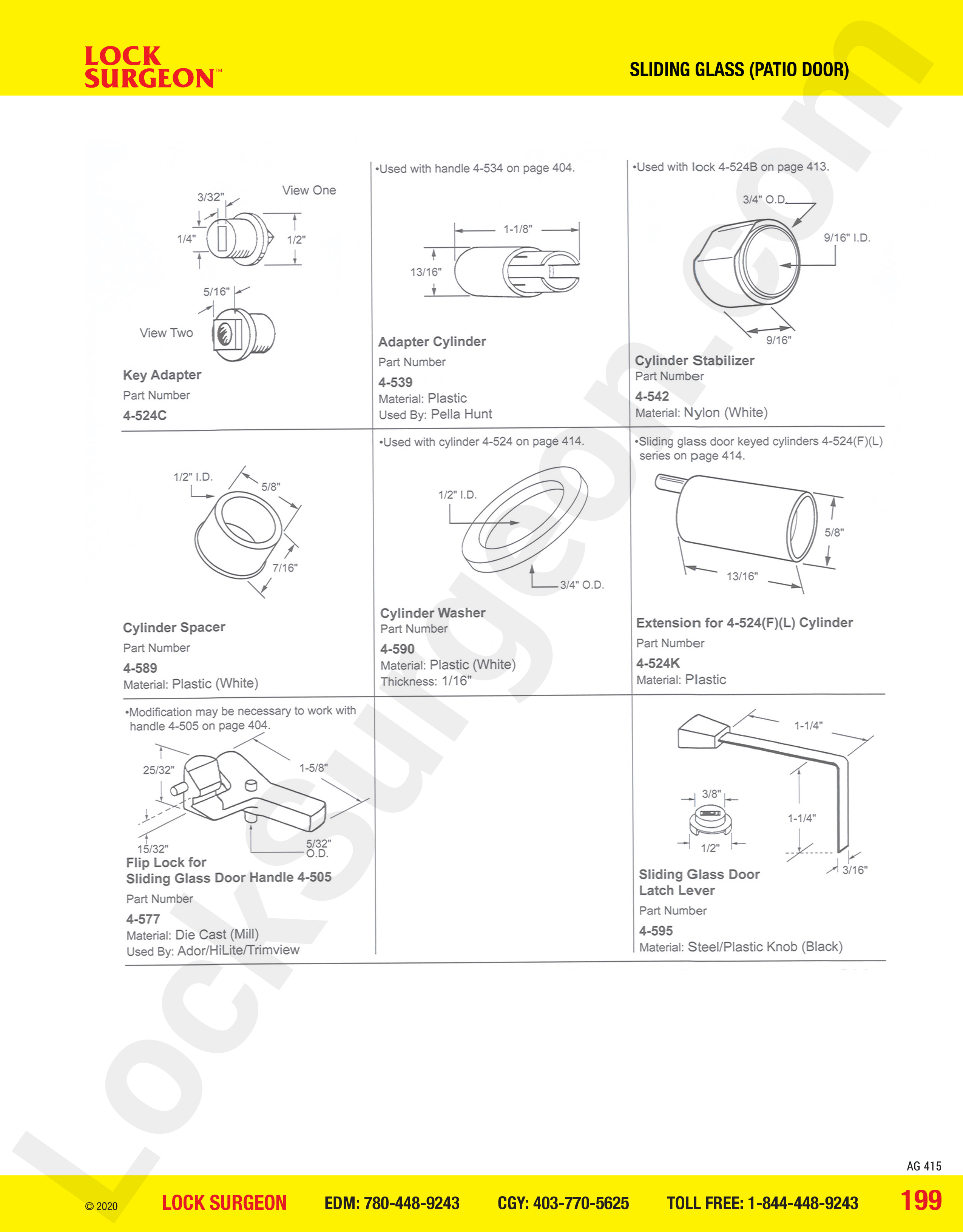Sliding Glass and Patio Door cylinder parts