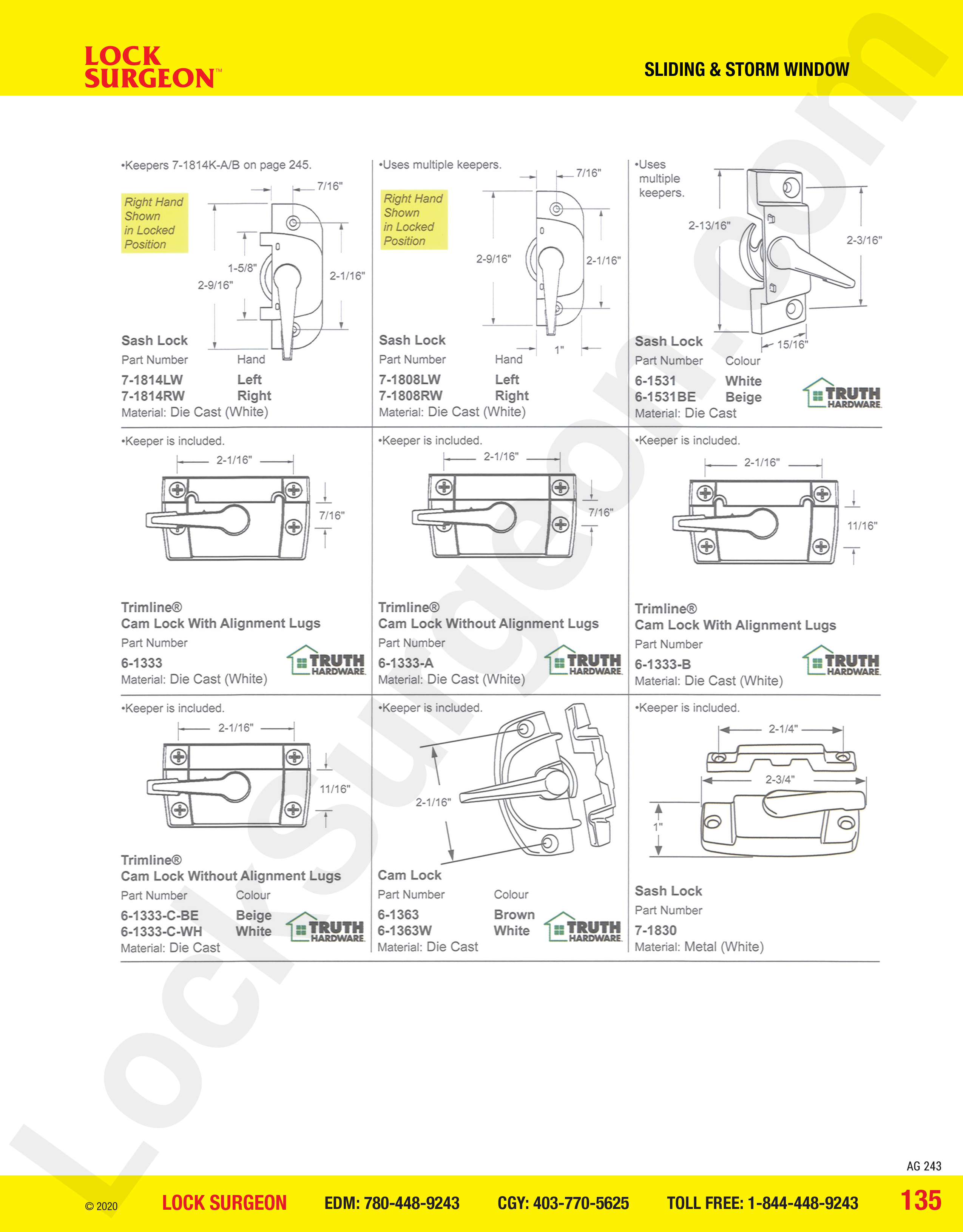 Sliding and Storm Window sash lock and cam lock parts