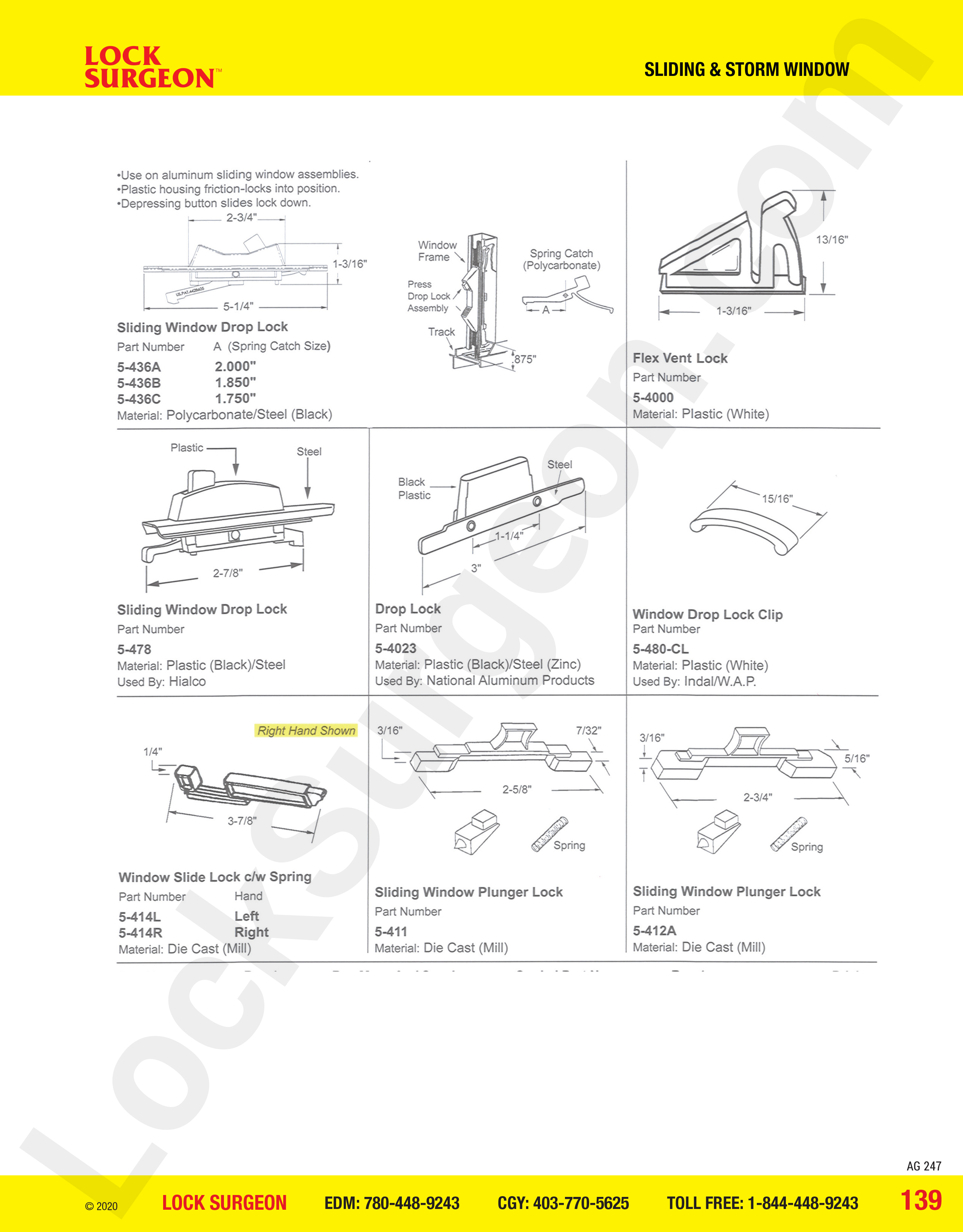 Sliding and Storm Window drop lock parts