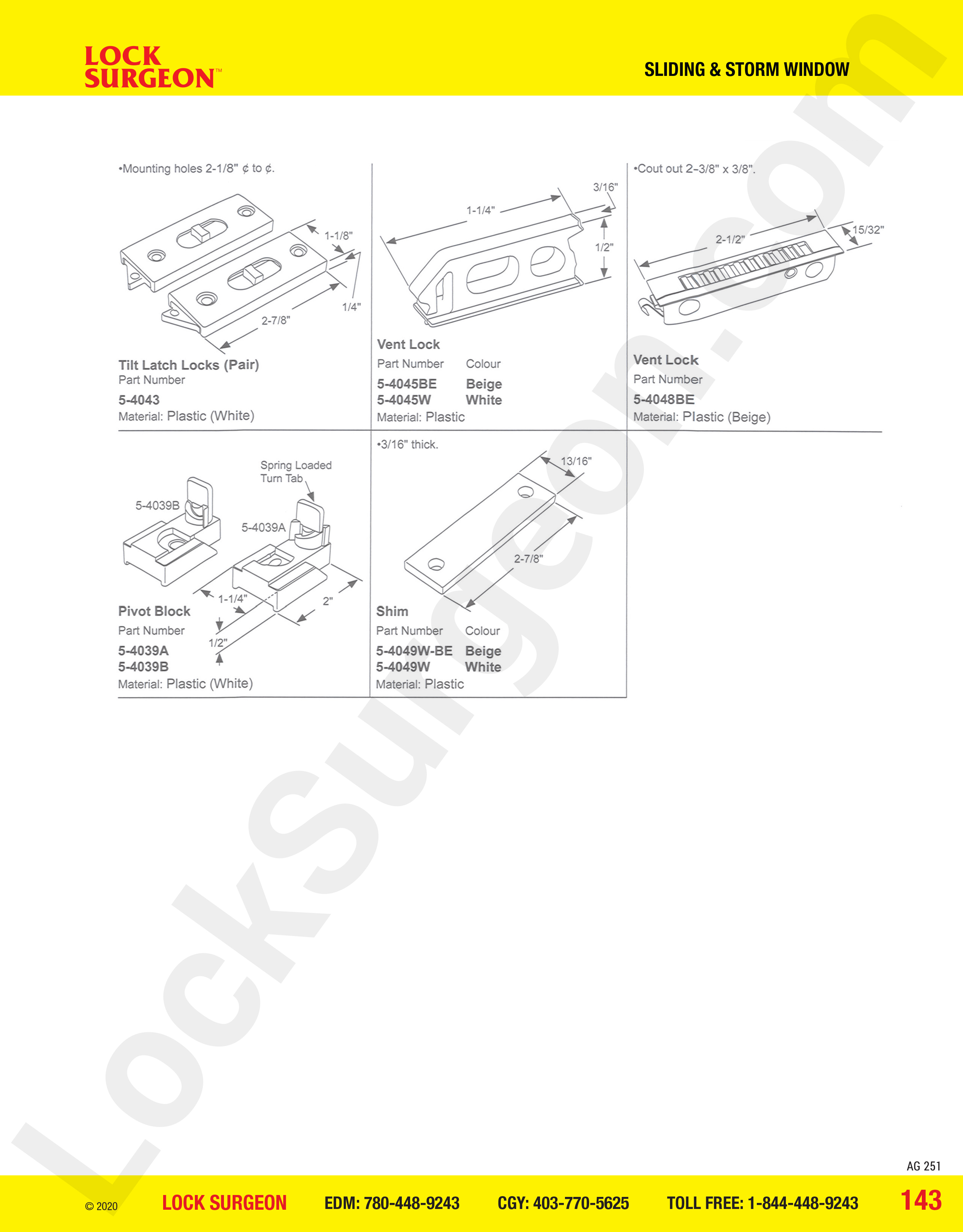 Sliding and Storm Window tilt latches, vent locks, pivot blocks, shims