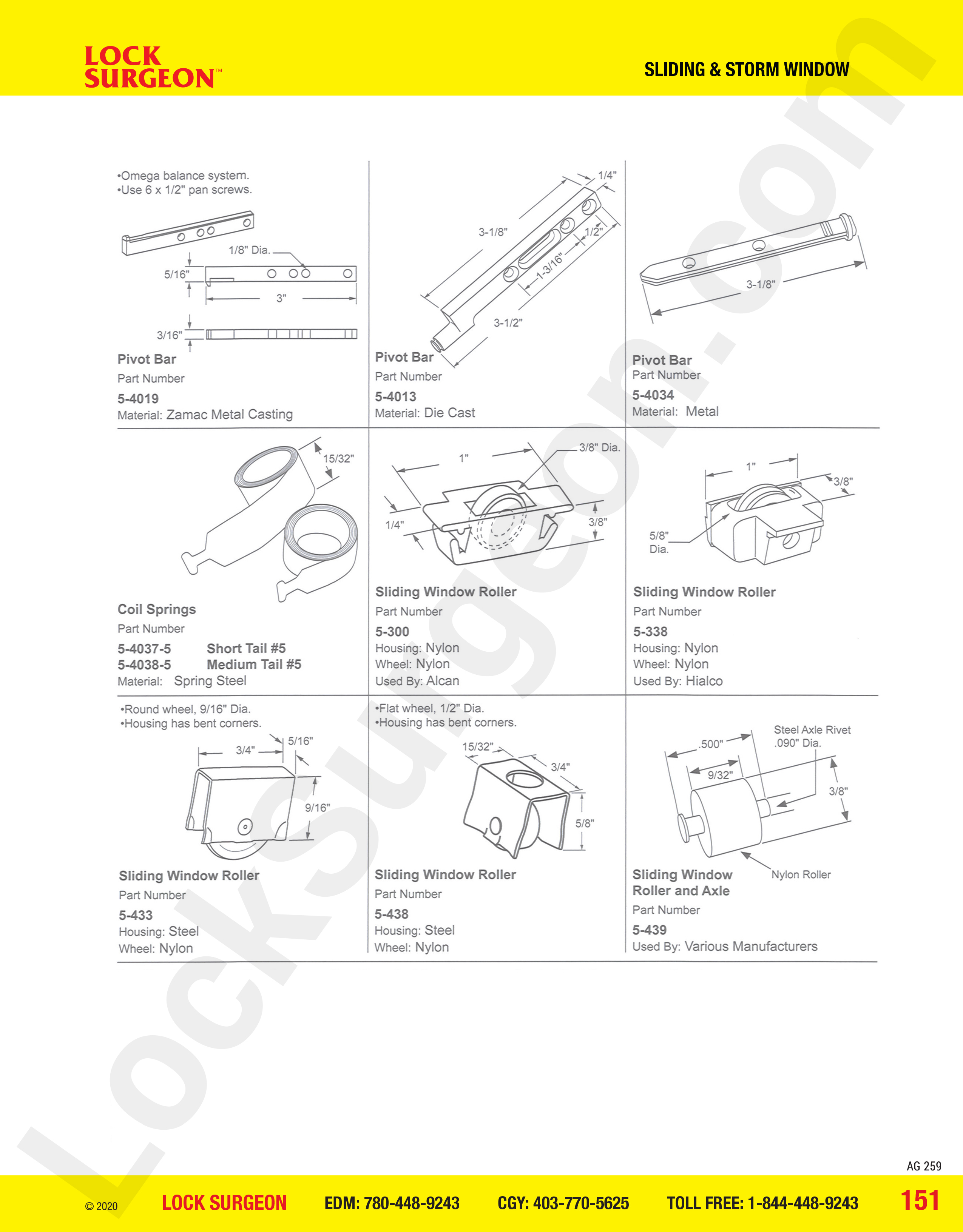 Sliding and Storm Window pivot bars and window rollers