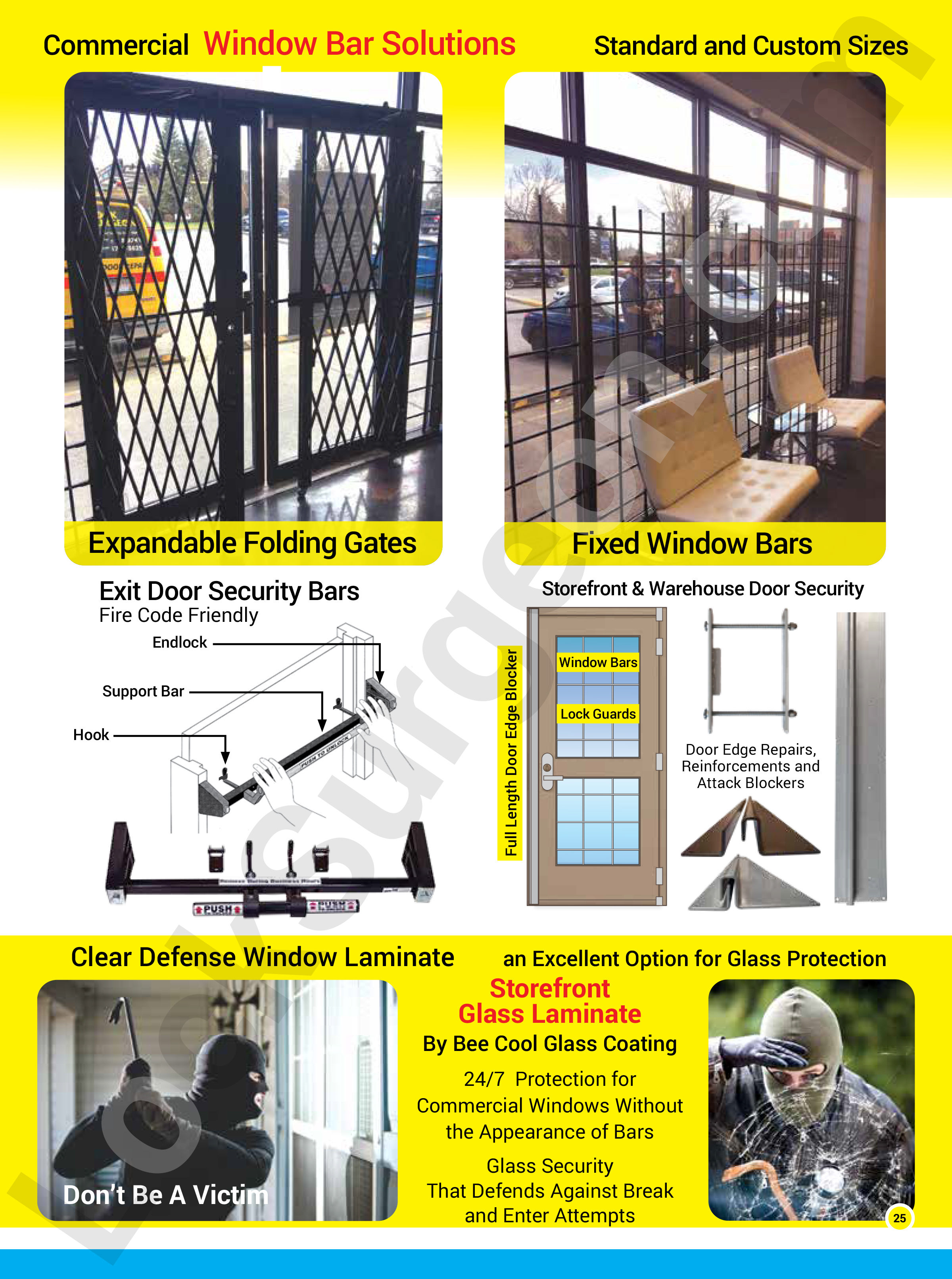 Commercial window bar solutions in standard and custom sizes. Storefront & warehouse door security.