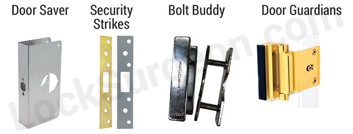 Door-Saver door-edge repair, security-strikes for frame repair & security. Bolt Buddy door security.
