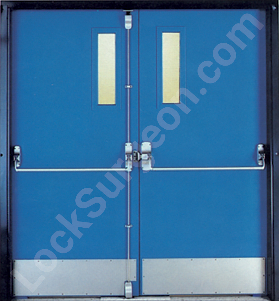 commercial steel double door with panic bars.