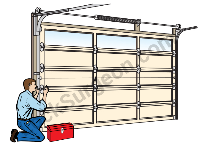 Garage Door Parts Springs and Hinges Calgary Lock Surgeon Man Repairing Garage Door.