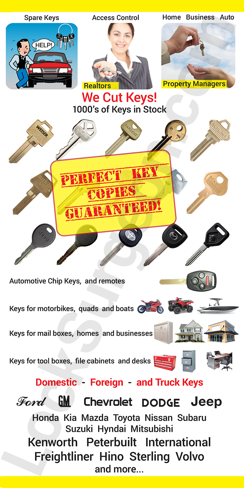 Locksmith counter sales and service for 1000s of keys for products like cars homes bikes or boats.