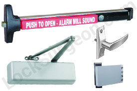 Lock Surgeon panic bars automatic door closers lever and push handles for glass aluminum doors.