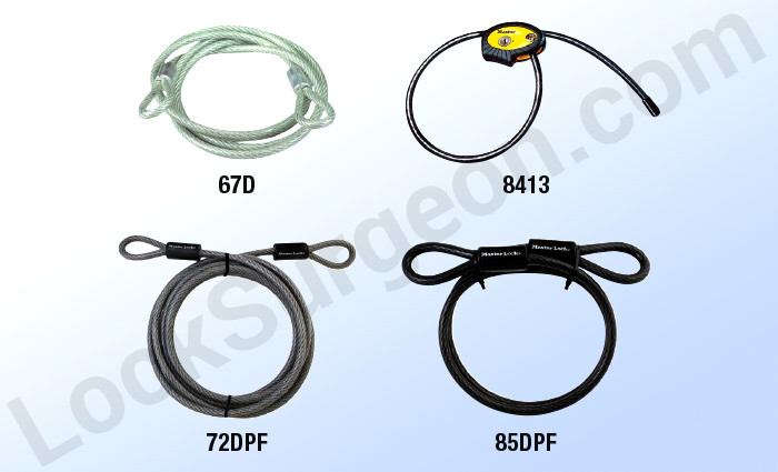 A variety of coated cables for securing various items all carried and sold by Lock Surgeon Calgary.