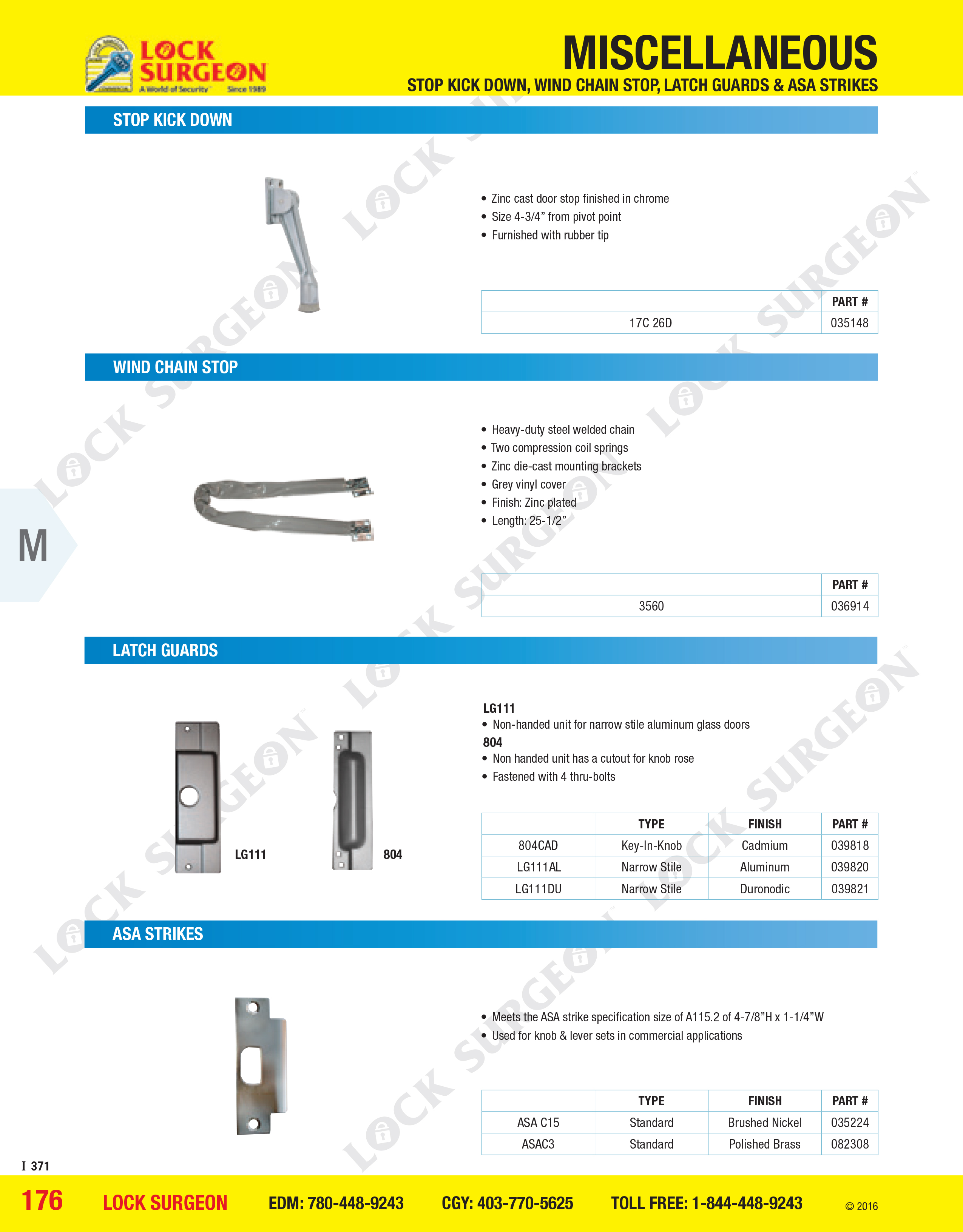 Door stop kick-down wind chain-stops latch guards and ASA strikes sold at Calgary Lock Surgeon.