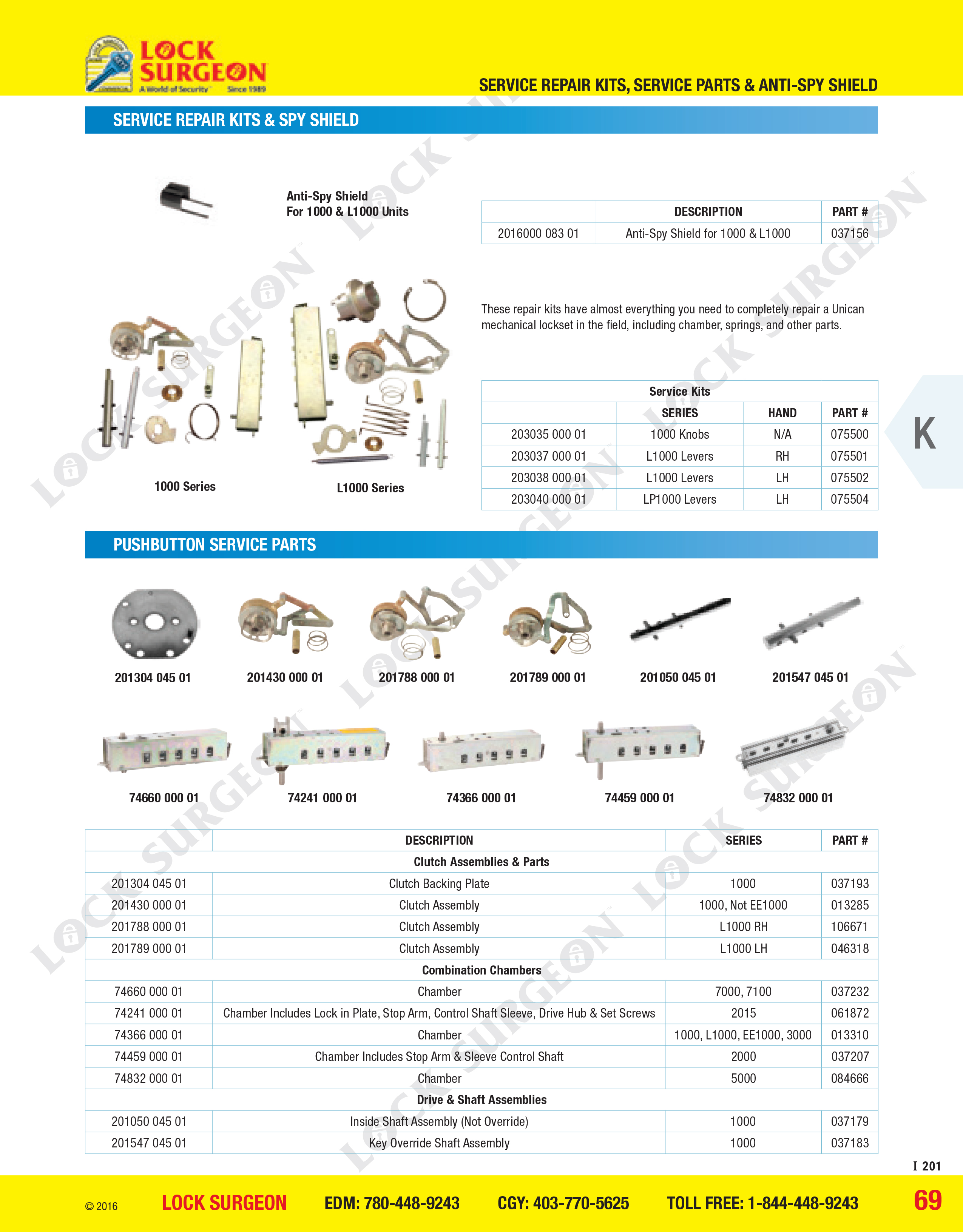 Kaba push button combination lock parts and service repair kits and spy shields.