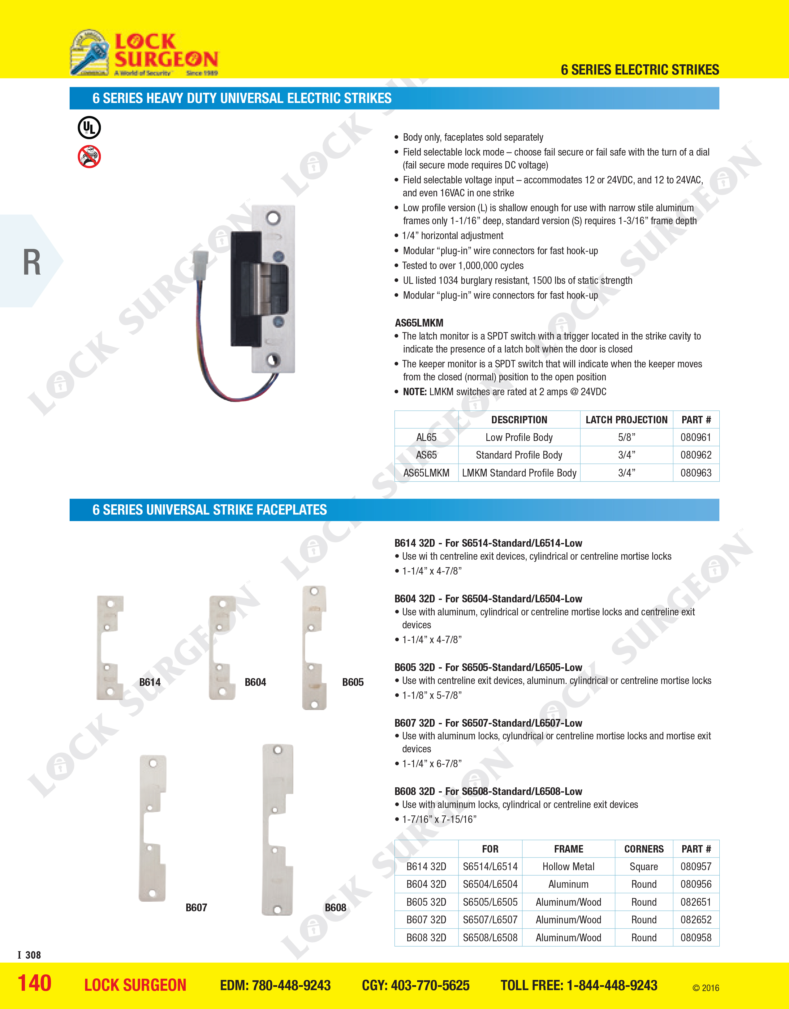 RCI Rutherford Controls 6 Series Heavy Duty Universal Electric Strikes Universal Electric Faceplates