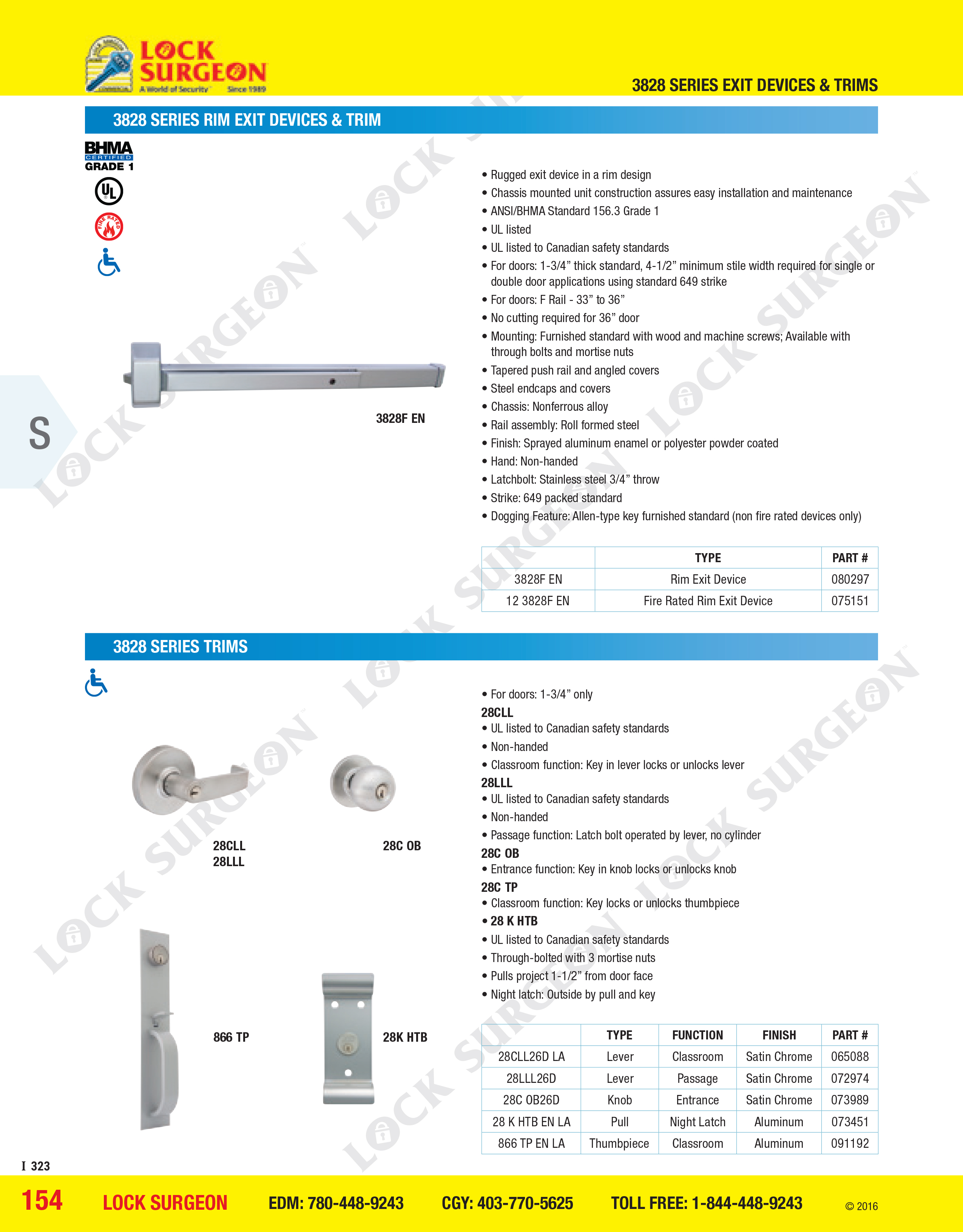 Sargent 3828 series rim-exit device and trim Calgary.