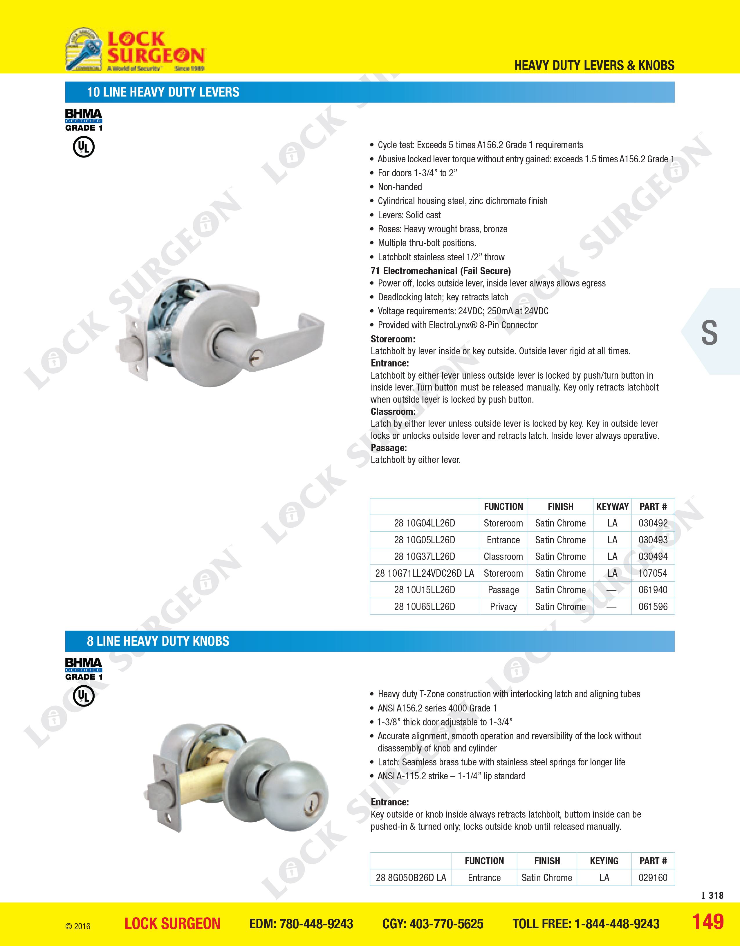 Calgary sargent 10 line heavy duty lever and 8 line knobs.