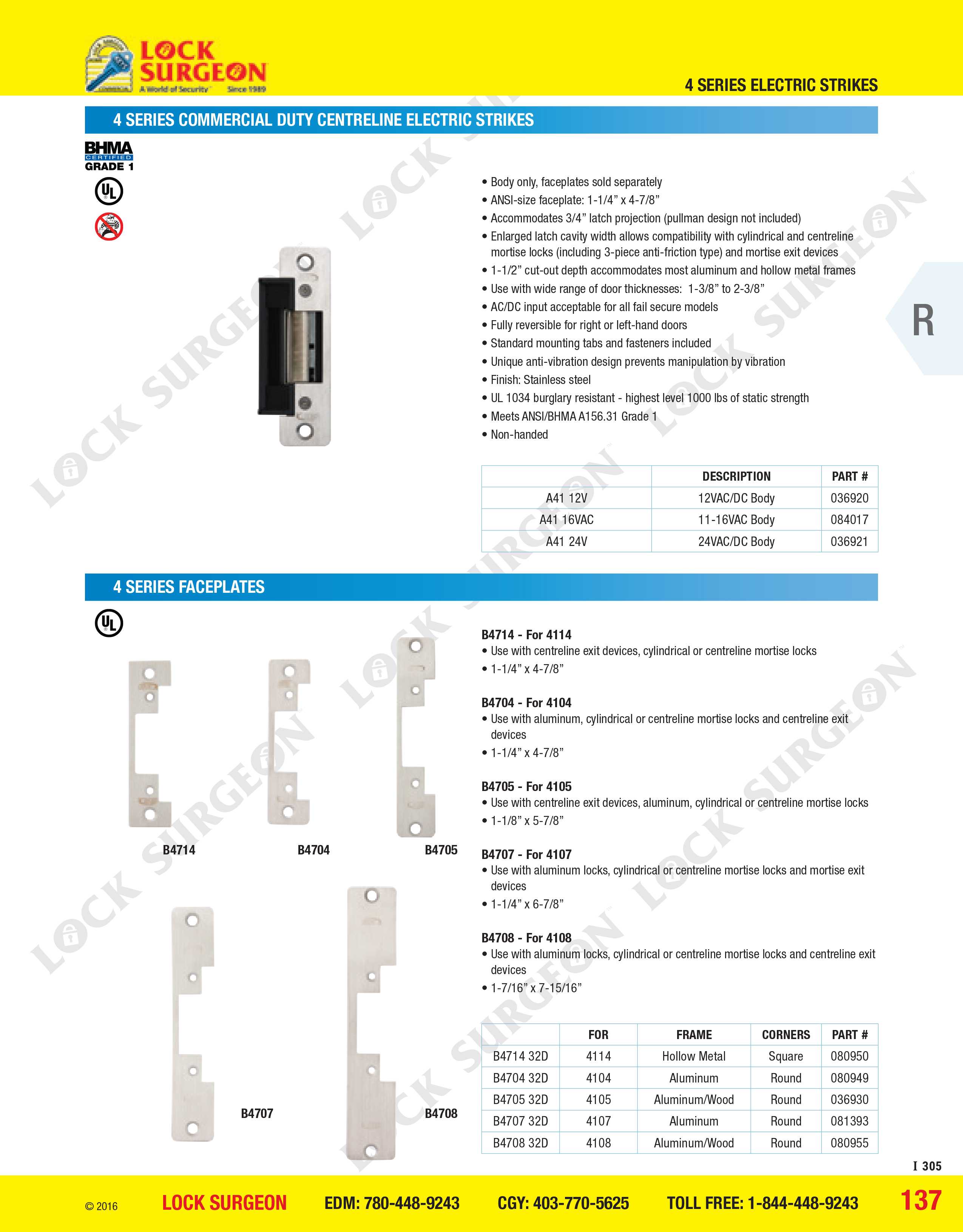 Series 4 commercial duty centreline electric strikes & faceplates.
