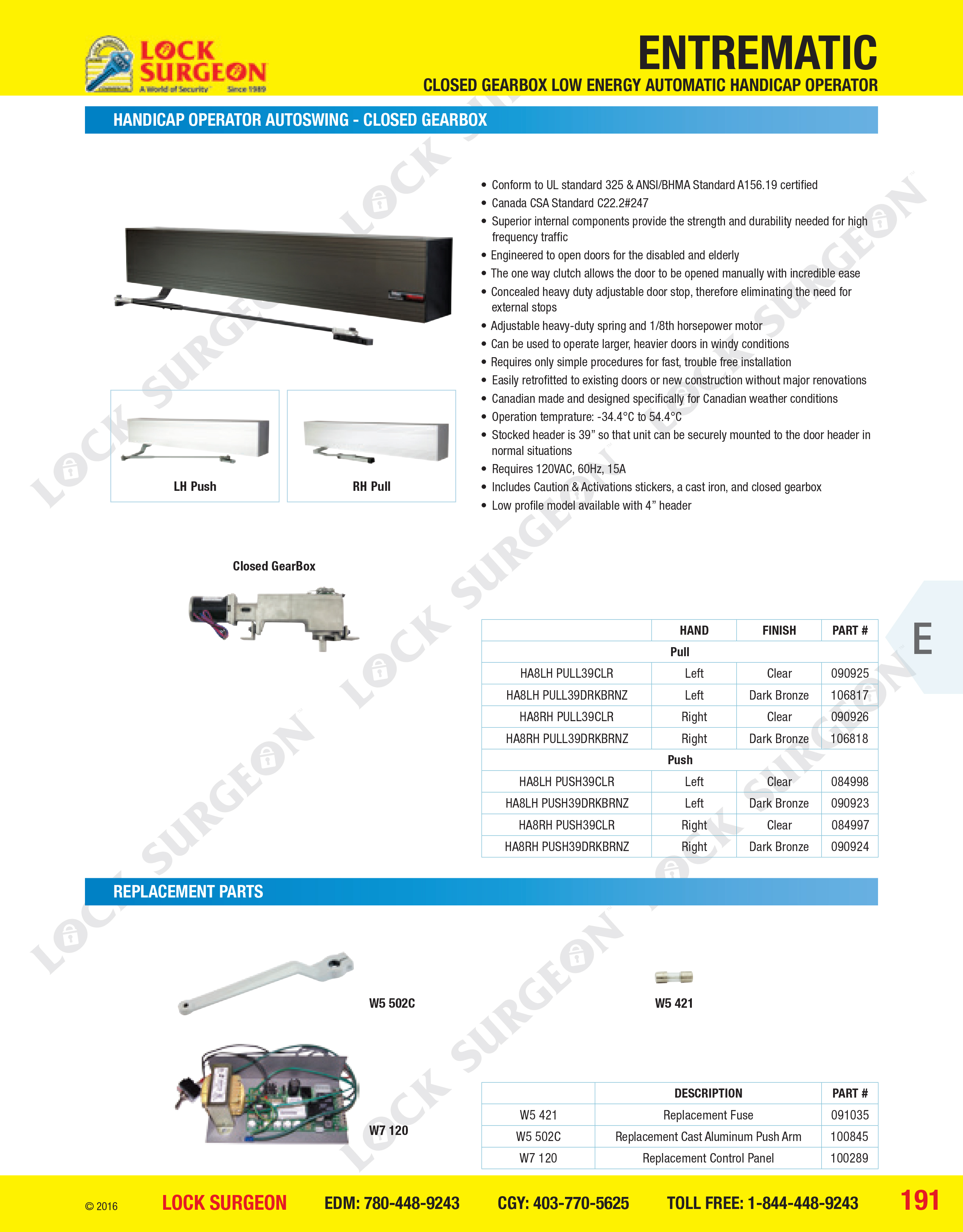 Handicap operator autoswing - closed gearbox and replacement parts.