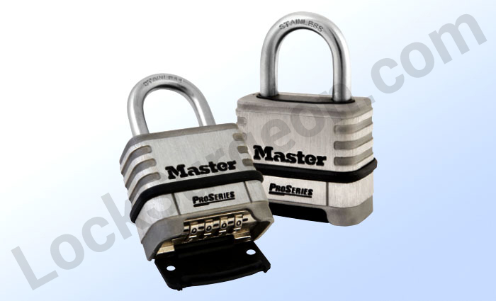 Master Lock resettable combination pro-series padlocks deadlocking mechanism protect against prying.