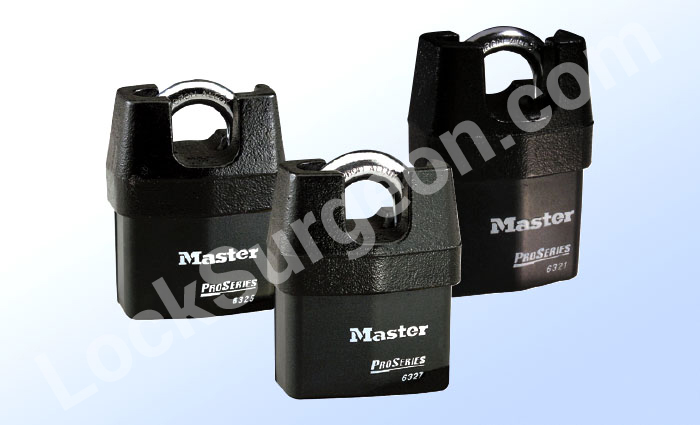 Master Lock solid iron shroud high security rekeyable padlock, heavy steel body withstands attacks.