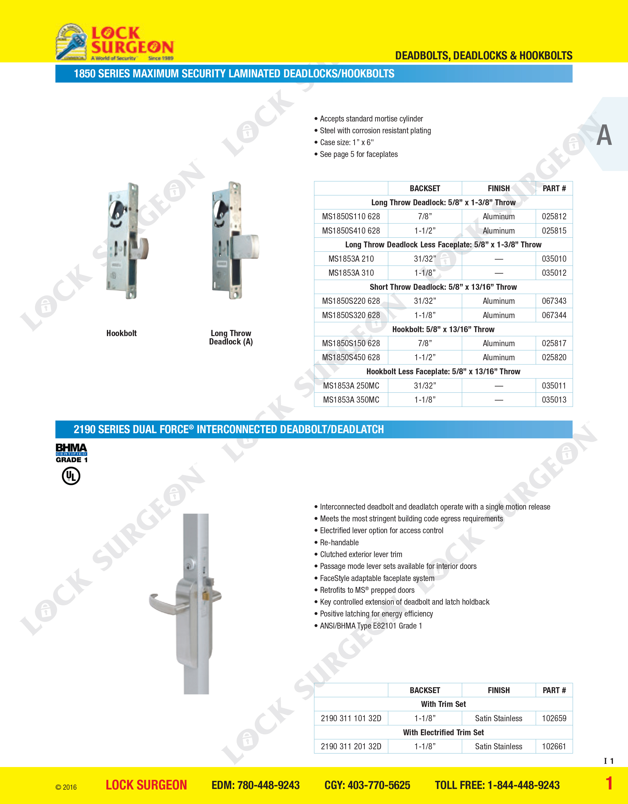 Adams Rite deadbolts deadlocks and hookbolts Calgary.