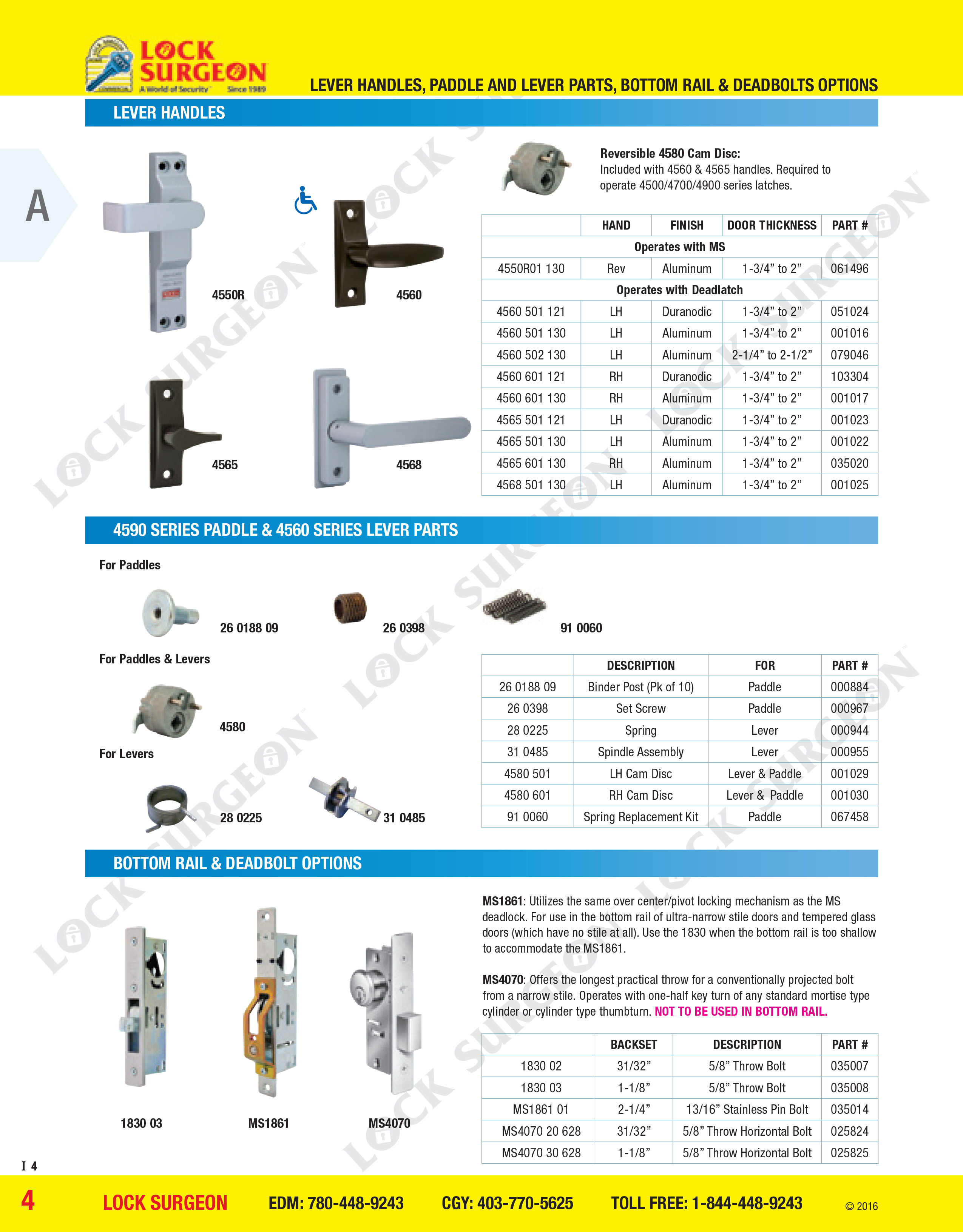 Lever handles, 4590 Series paddle and 4560 Series lever parts, bottom rail and deadbolt options.