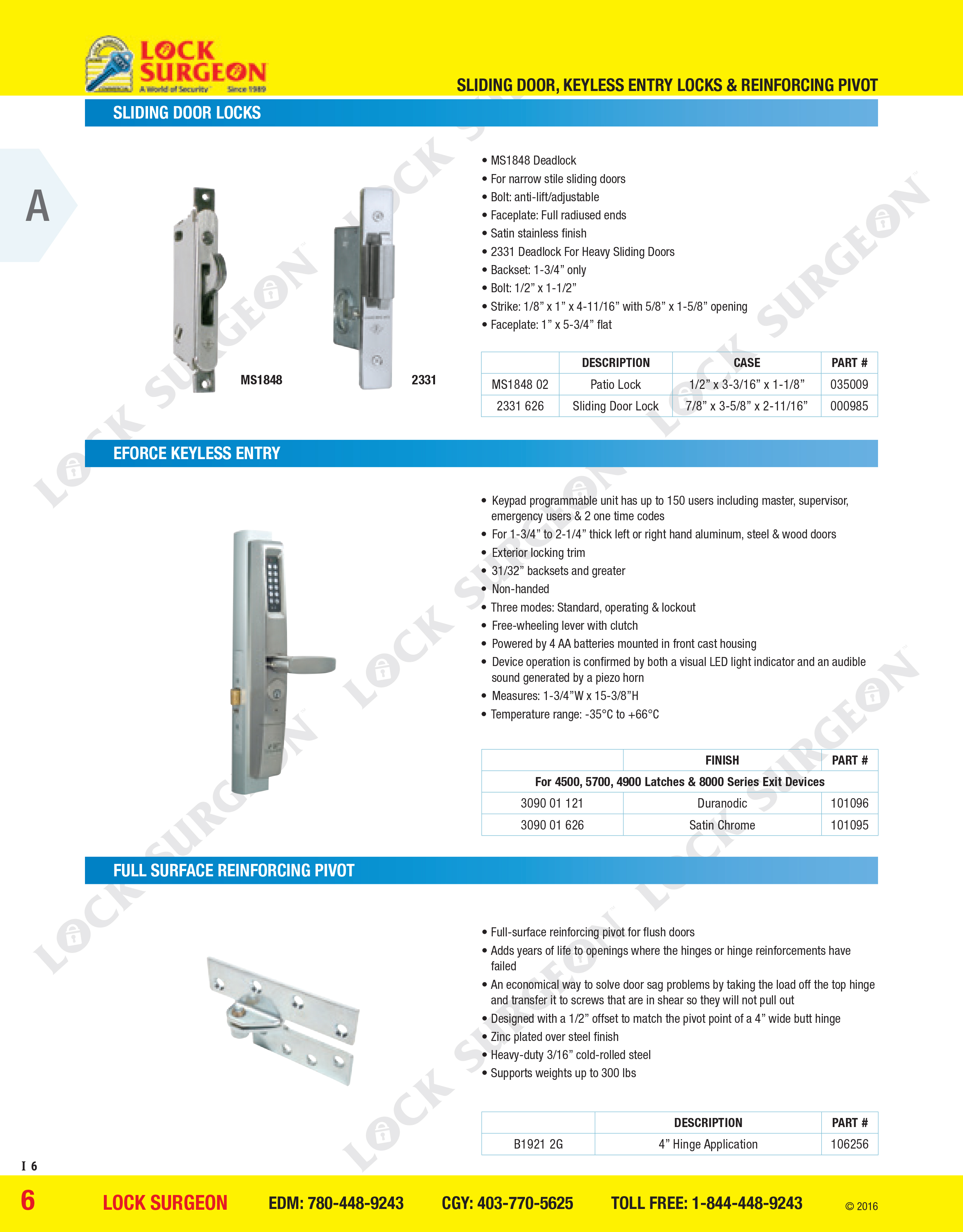 Sliding door locks, Eforce keyless entry full surface reinforcing pivot